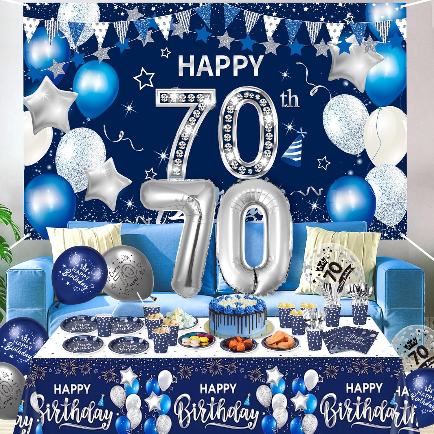 Rumia 70th Birthday Decorations, 131 PCS Navy Blue & Silver Party Supplies: Banner, Balloons, Napkins, Cups, Tablecloth, Foil Backdrops for Men & Women's 70th Birthday Decor