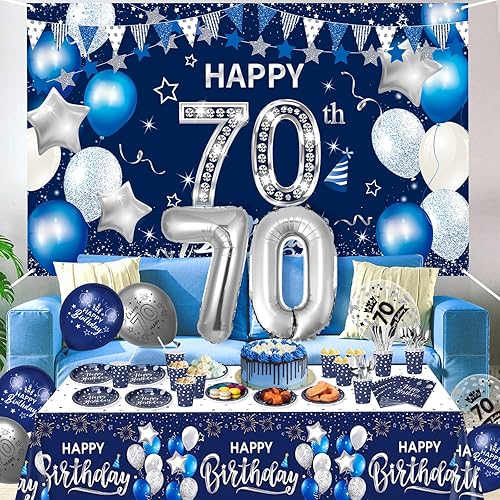 Vista 21 de Decoraciones azules de fiesta de cumpleaños 60 para hombres y mujeres, azul marino, plateado, pancarta de feliz cumpleaños 60, globos, servilletas