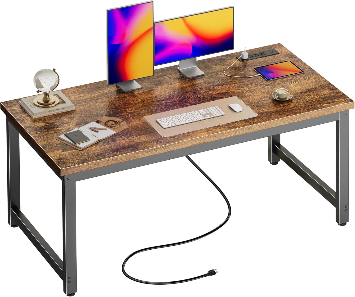 Huuger 55 x 24 inch Desk with Power Outlets & USB-C, Deeper & Thicker Desktop, Robust Metal Tubes, Computer Desk, Heavy Duty Office Desk, Work Gaming Desk for Home Office, Rustic Brown Rustic Brown 54*24 inch