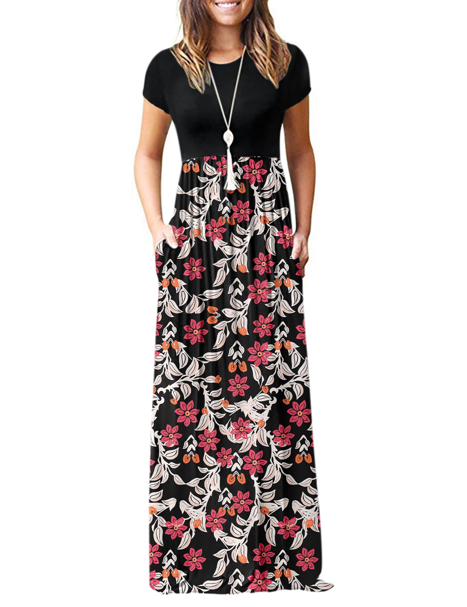 AUSELILY Women's Summer Short Sleeve Loose Plain Casual Long Maxi Dresses | Year Round wear solid floral print, Casual wear, Empire waist, Floor length, Side pockets