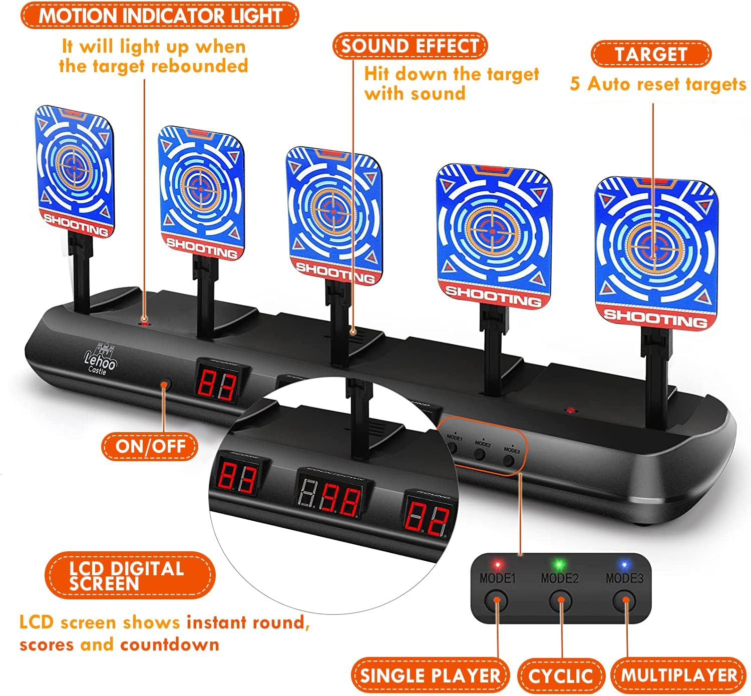 Lehoo Castle Electronic Shooting Targets, 5 Digital Target for Nerf Guns with Auto-Reset, Scoring Shooting Games Includes 20 Bullets, Hand Wrist Bands, Stickers, Gift for Boys Girls