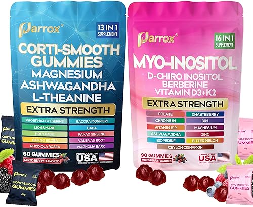 Paquete de gomitas calmantes y lisas suplemento de cortisol y mio-inositol con D-Chiro inositol, berberina, magenesio, ashwagandha, L-teanina,