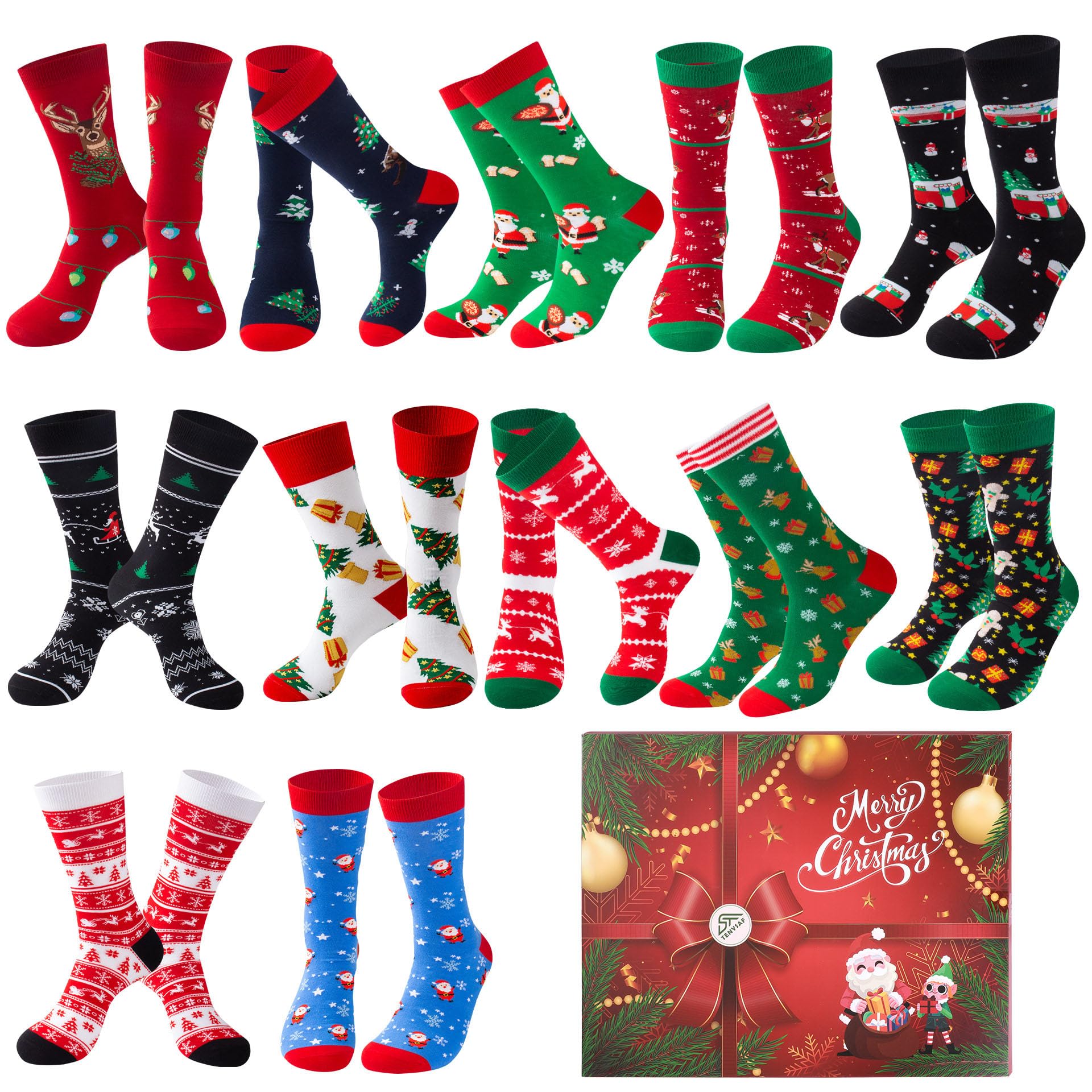 Lounwee Fun Christmas Socks for Men - Funny Xmas Gifts for Male Novelty Cozy Crew Cotton Holiday Sock Set
