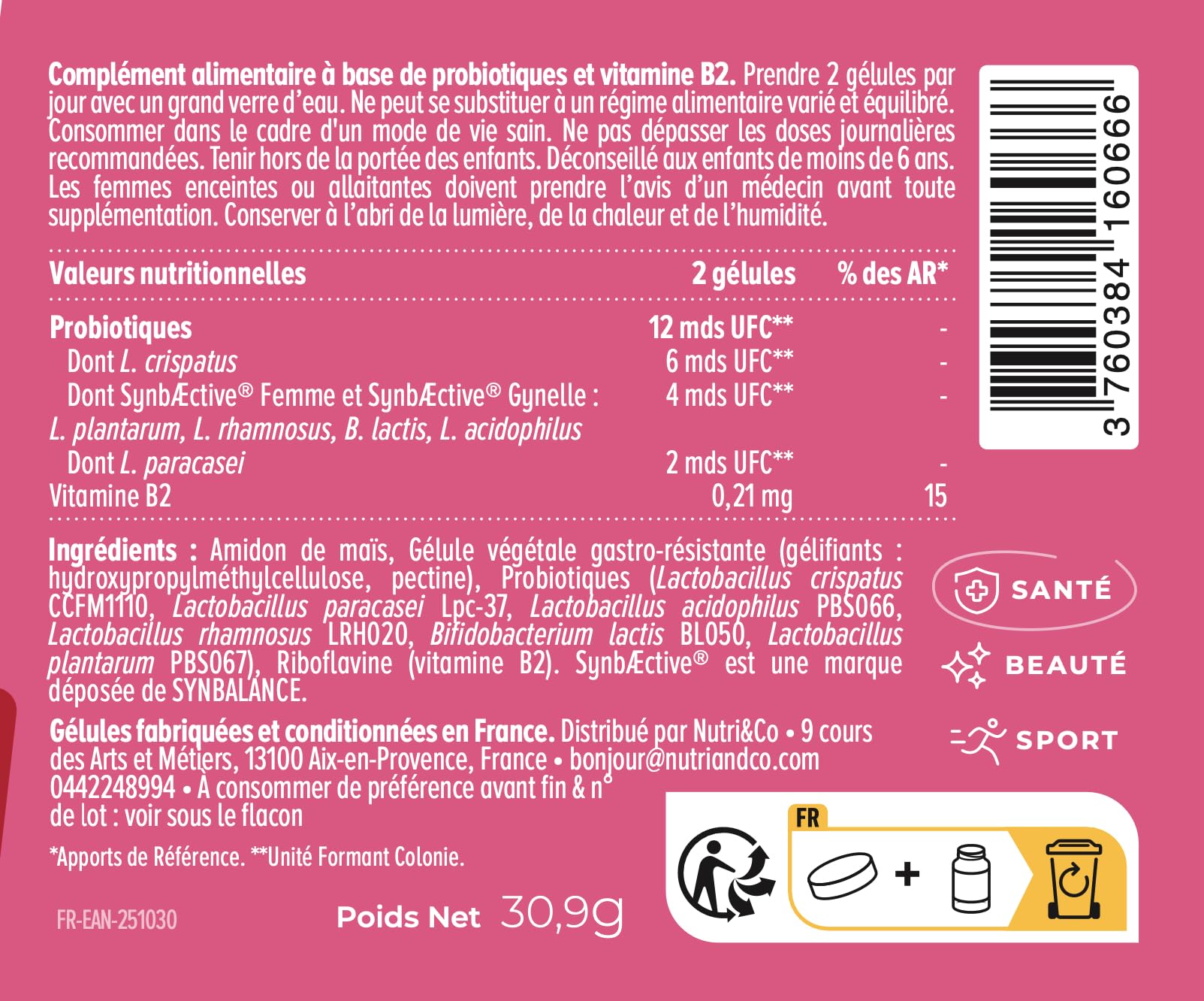 NUTRI & CO Probiotique Flore Intime - 6 Souches dont Lactobacillus Crispatus + 2 Complexes Brevetés SynbAEctive® - 60 Gélules Gastro-Résistantes - Conditionné en France