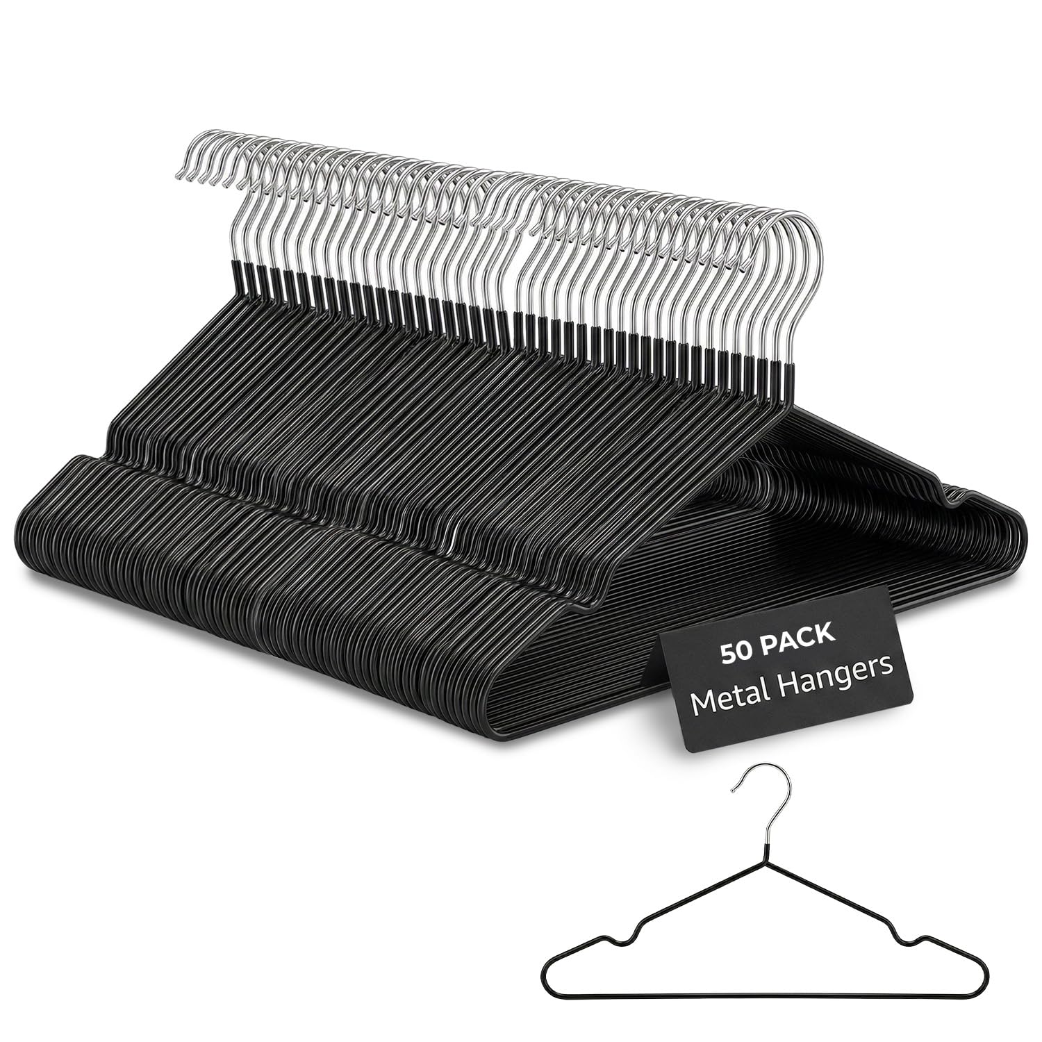 Rainberg 50 Pack Premium Rubber Coated Metal Hangers, Heavy Duty, Space Saving Organiser Clothes Hangers For Wardrobes, Coat Rack Rails Thin and Non-Slip Black (50 Pack)