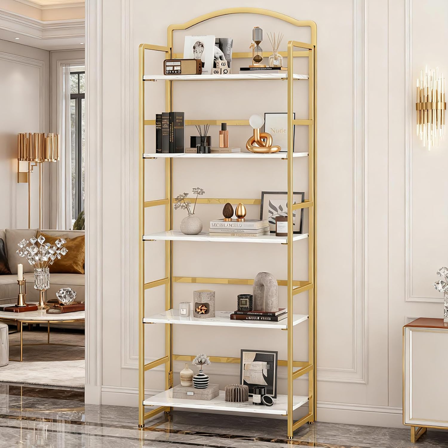 JSB No Assembly Folding Bookshelf, 5 Tier Book Shelf for Storage, Vintage Wood Foldable Bookcase for Living Room, Bedroom, Office Organization Shelves - Image 8