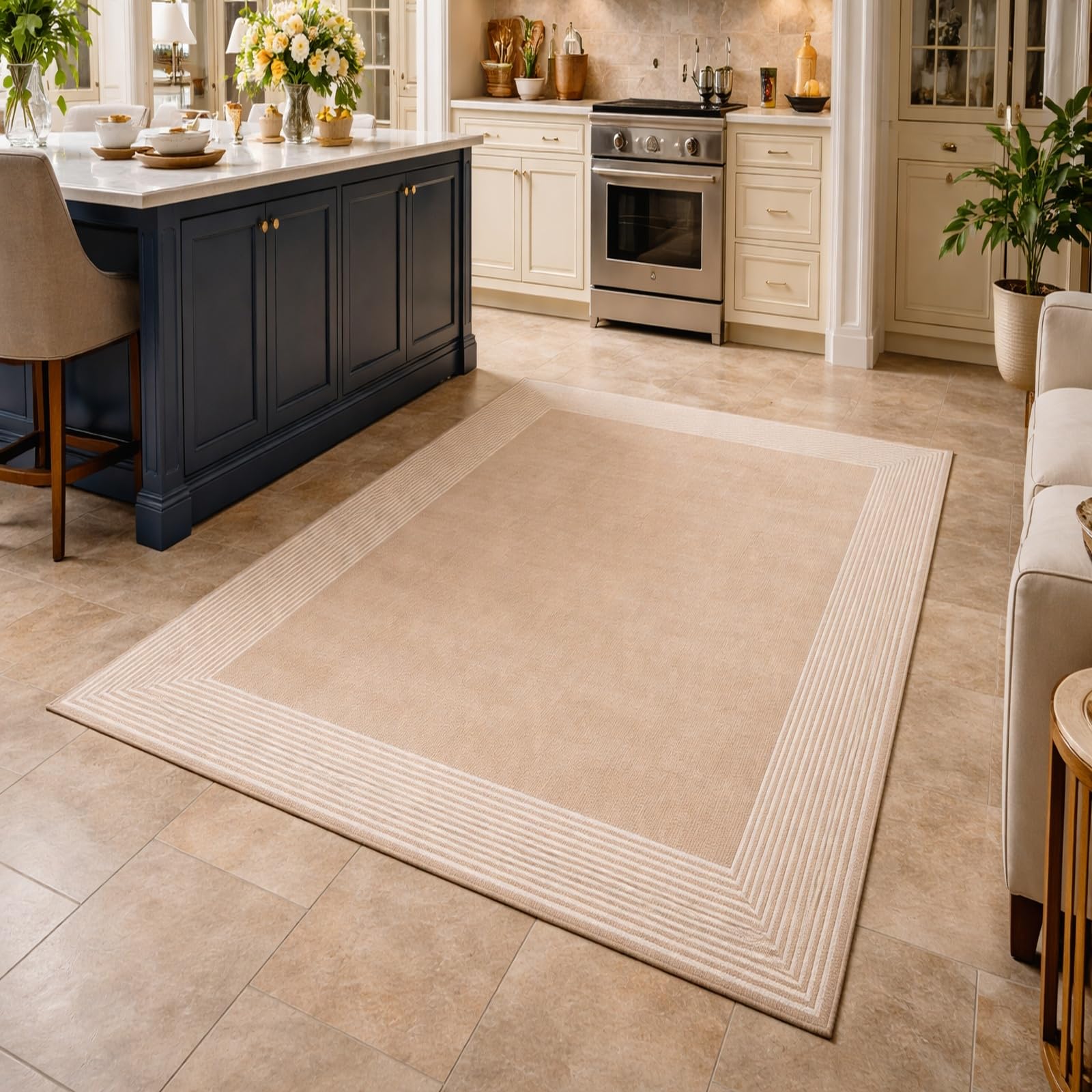 Alfombra geométrica beige de 170x240 cm antideslizante que no se mueve del suelo