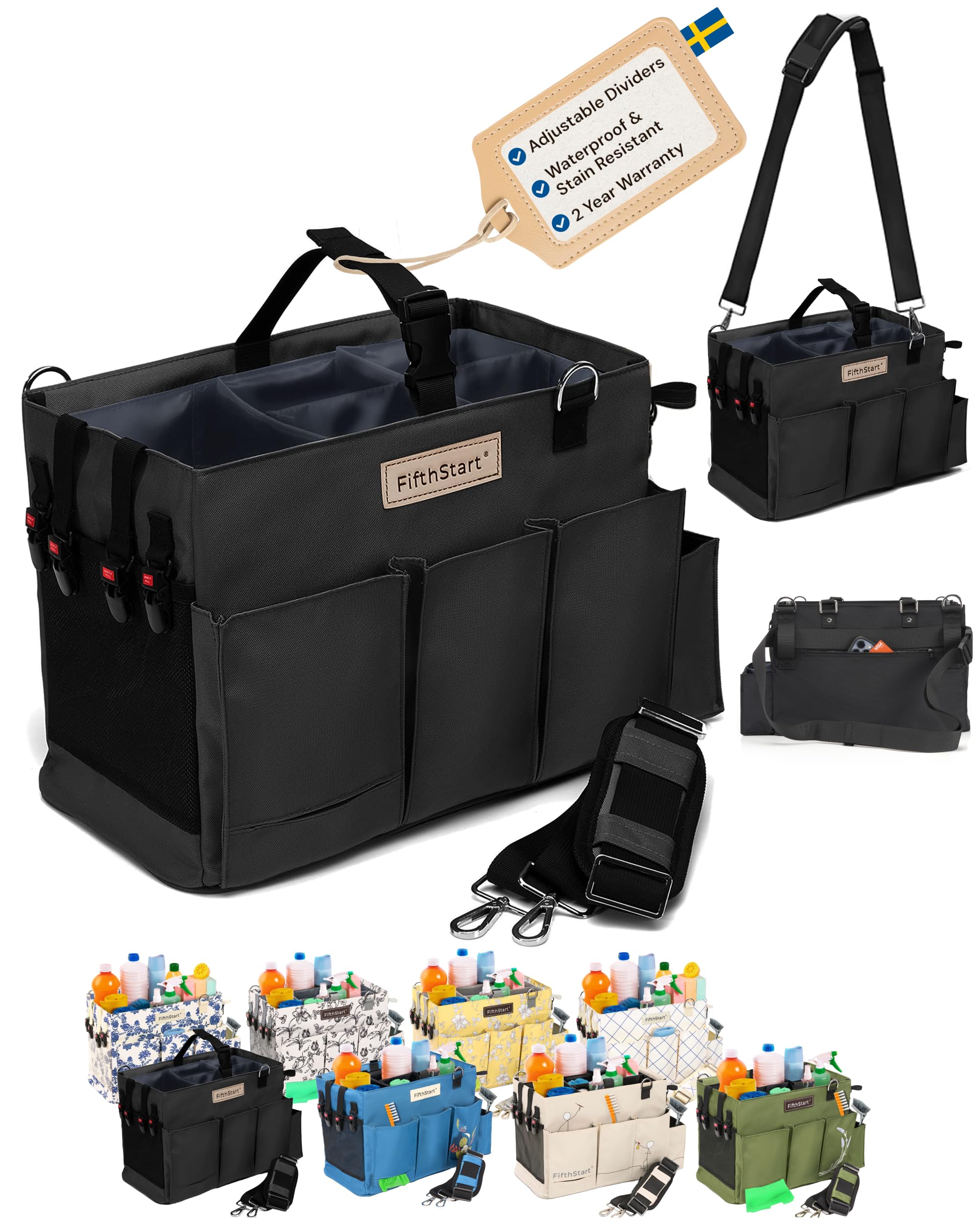FifthStart Wearable Cleaning Caddy, A Cleaning Supplies Organizer With Shoulder Strap & Removable Waist Strap. Professional Cleaning Caddy Organizer With Handle: (Black, Small)