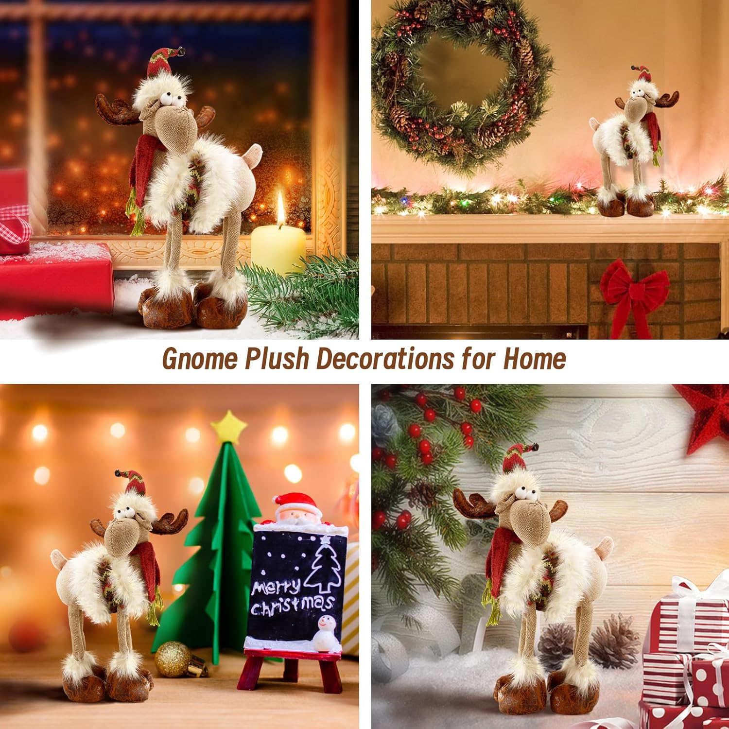 YuQi Reindeer Christmas Decoration, Plush Xmas Deer Gnome, Handmade Swedish Santa Elk Figurines Tomte Gnome with Bell Reindeer Horns Ornaments, Home Table Decor