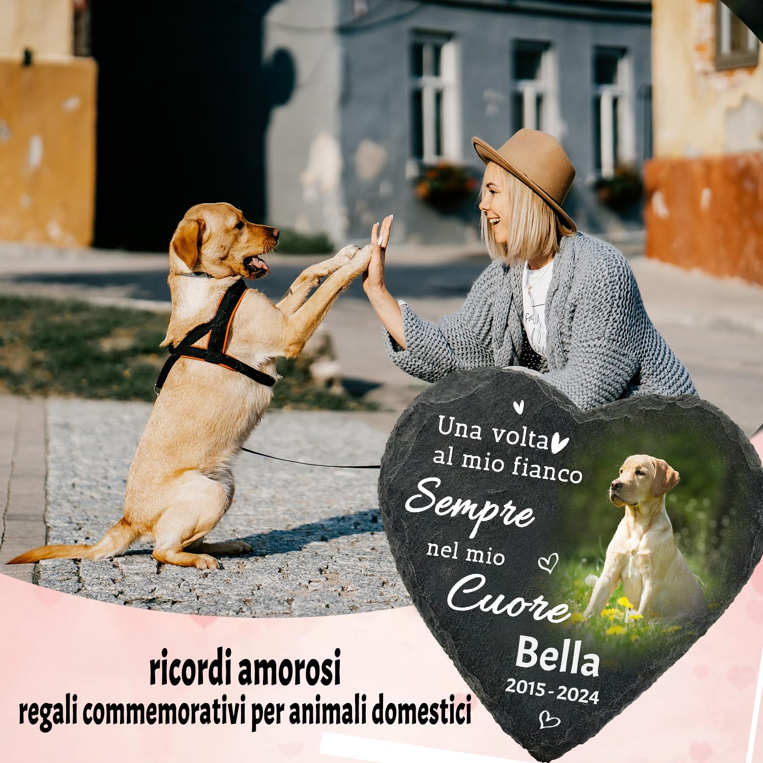 Pietra commemorativa Personalizzata per Animali Domestici, Targa a Forma di Cuore con Foto, Regali per la Perdita di Un Cane/Gatto - Nome, Data