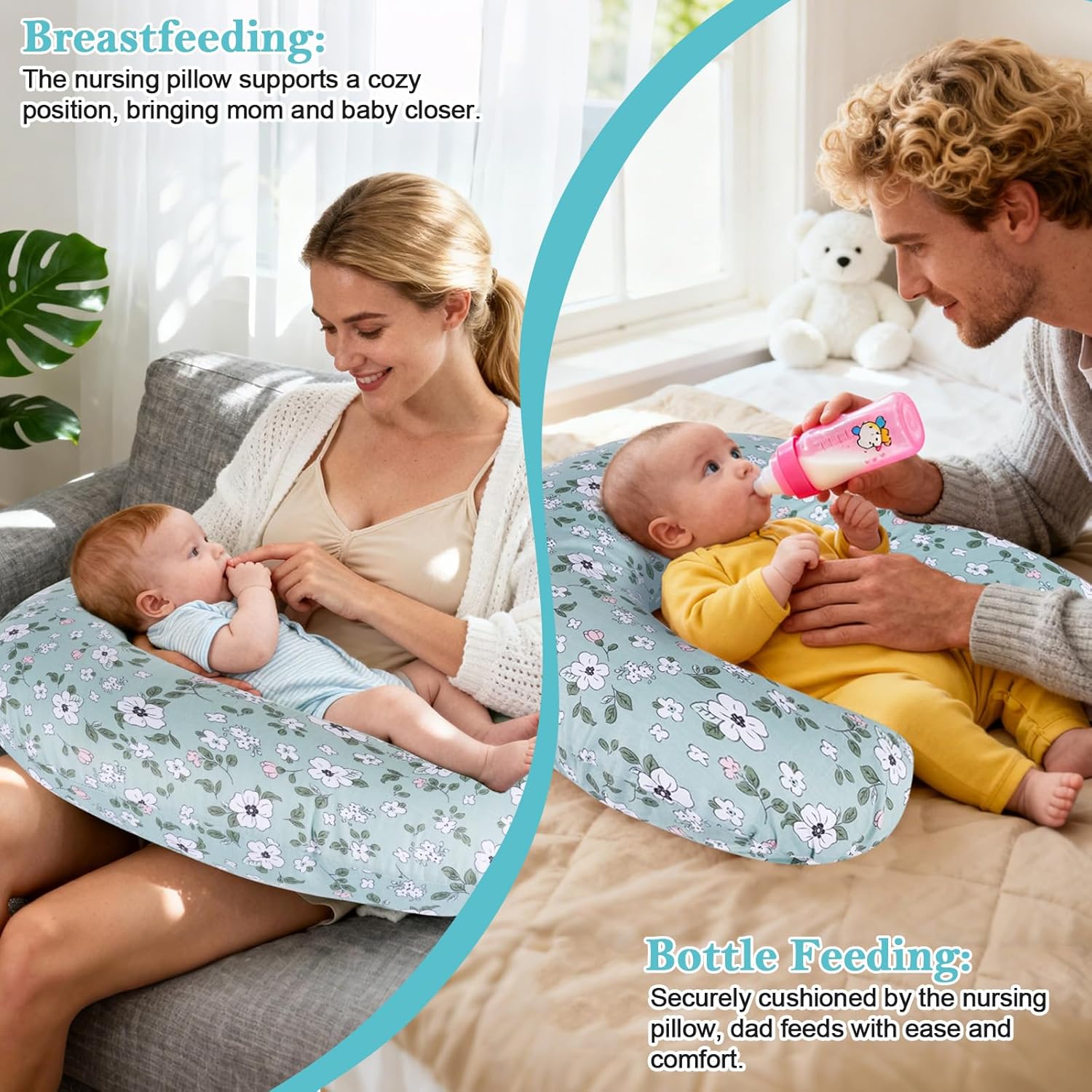 Nursing Pillow for Breastfeeding & Bottle Feeding - Ergonomic C-Shape Design with Breathable Filling & Removable Washable Cover, Supports 0-12 Months (Feeding, Tummy Time, Sitting)