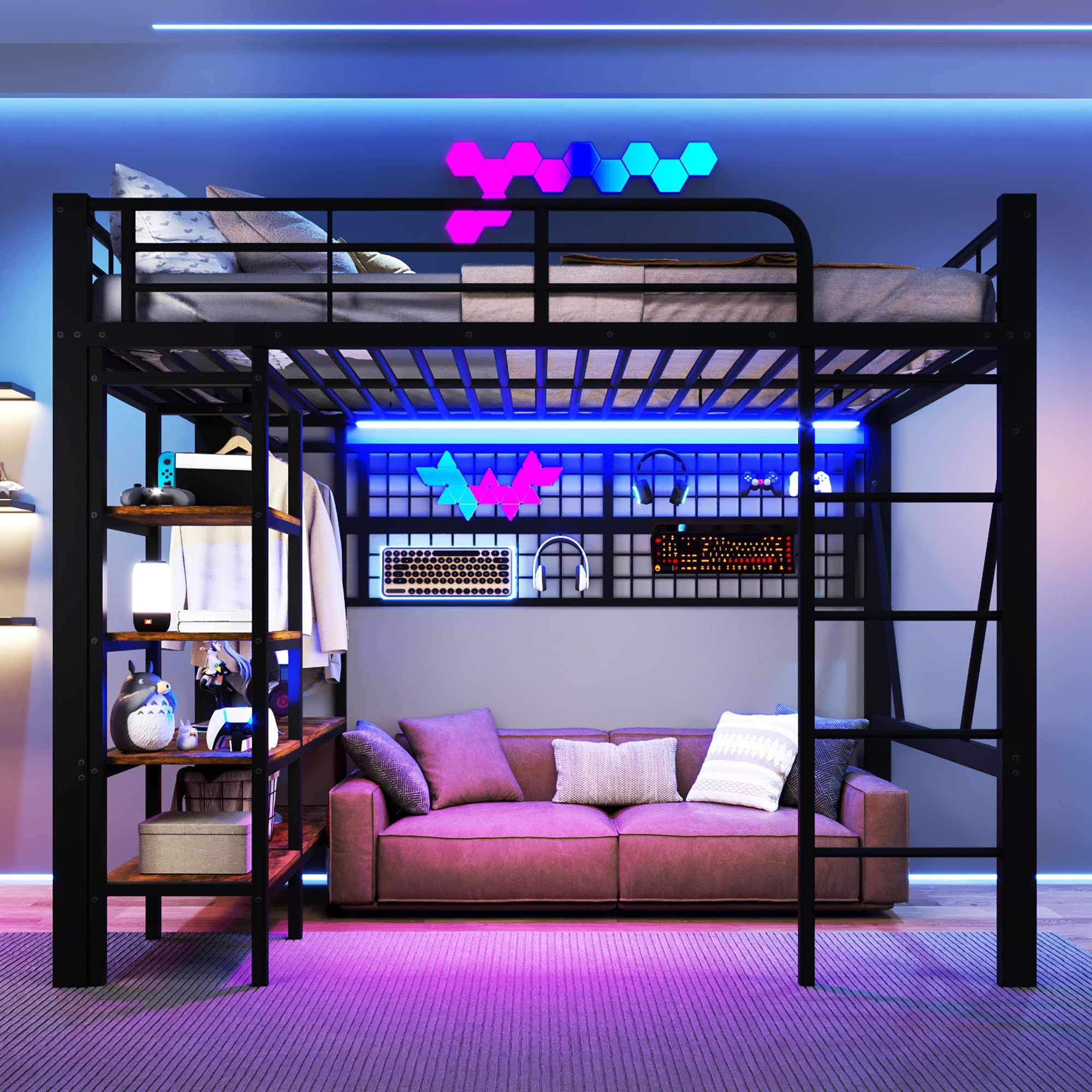 Lubvtti Letto a soppalco in ferro 140 x 200 cm con striscia luminosa a LED,vano portaoggetti,rete per appendere gli oggetti,asta appendiabiti,letto a castello per bambini,struttura letto singolo,Nero