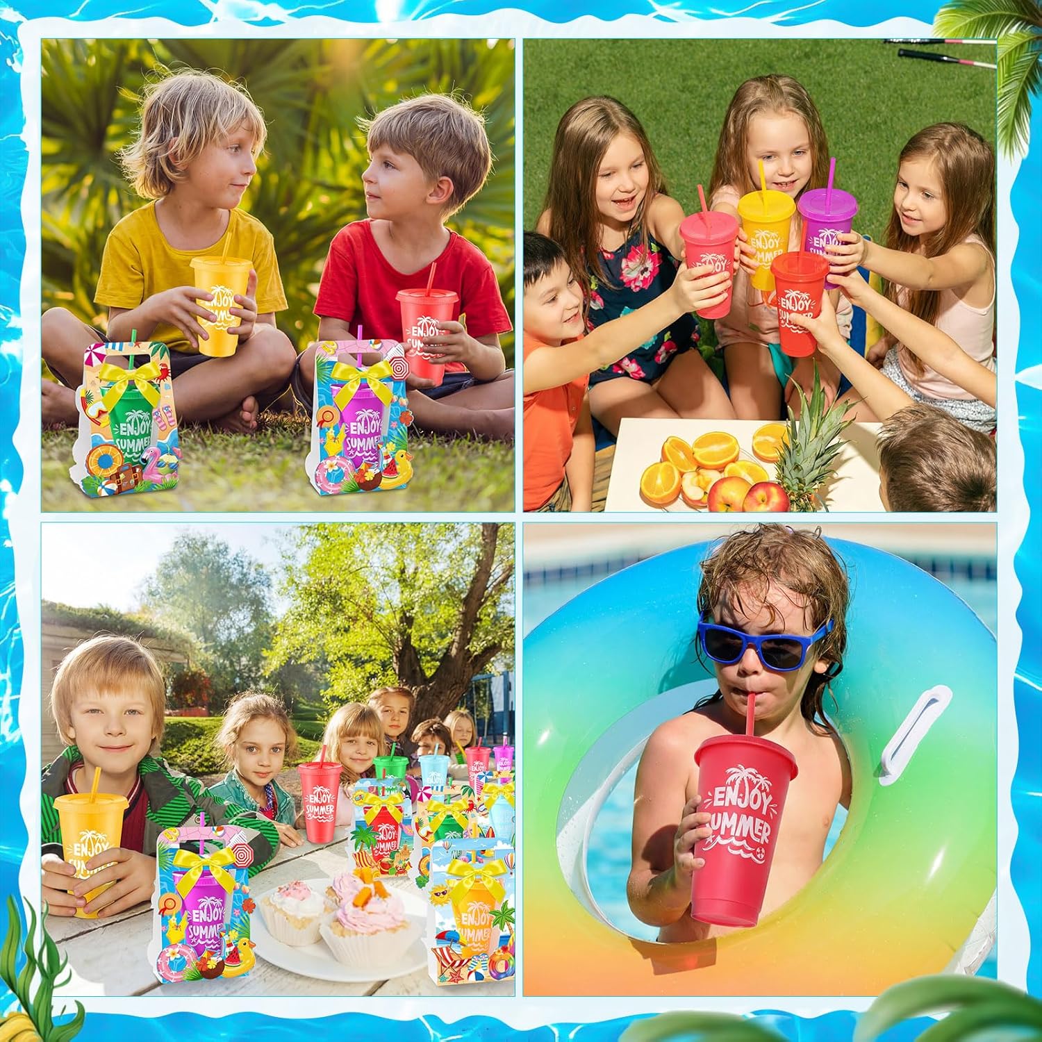 Honeydak 12 Set End of Year Gifts for Students Summer Plastic Tumbler Bulk 24 oz Summer Plastic Tumblers with Lid and Straw Gift Holders Ribbons Cups for Graduation Beach Pool Party Supplies