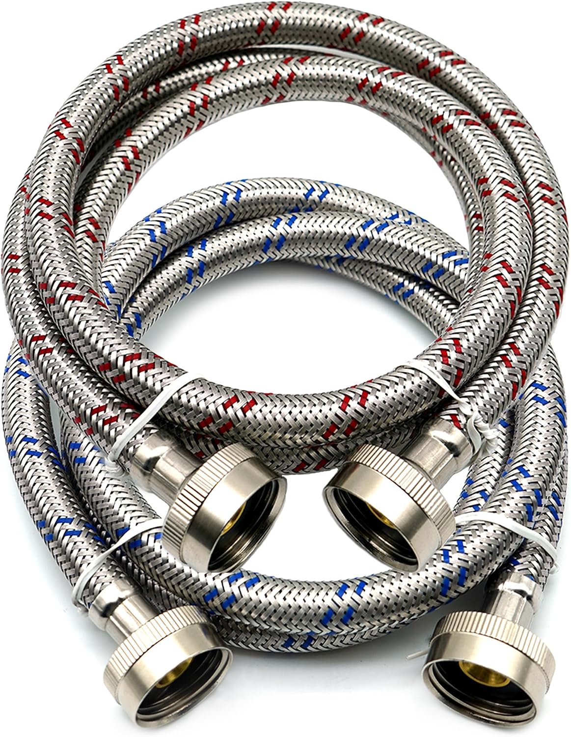 Washing Machine Hoses 4Ft - 2 Pack 3/4 Inch FHT GHT Stainless Steel Wahser Hose, Hot & Cold Water Supply Lines, High Temperature & Burst Resistant, Brass Core Fittings, Red/Blue Color for Washer