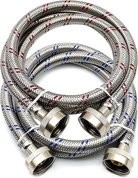 Washing Machine Hoses 4Ft - 2 Pack 3/4 Inch FHT GHT Stainless Steel Wahser Hose, Hot & Cold Water Supply Lines, High Temperature & Burst Resistant, Brass Core Fittings, Red/Blue Color for Washer