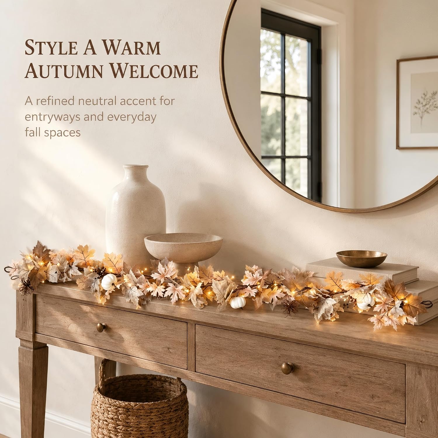 Fall Garland with Lights, 6Ft Thanksgiving Decorations for Home