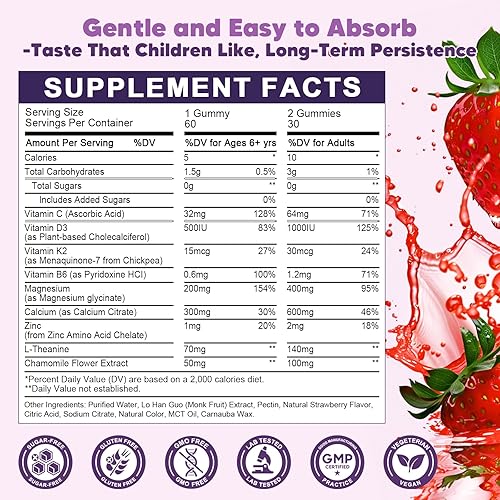 Miniatura 8 de Gomitas de glicinato de magnesio para niños y adultos, suplemento de magnesio de 400200 mg con L-teanina, manzanilla, D3 y K2, gomitas para dormir