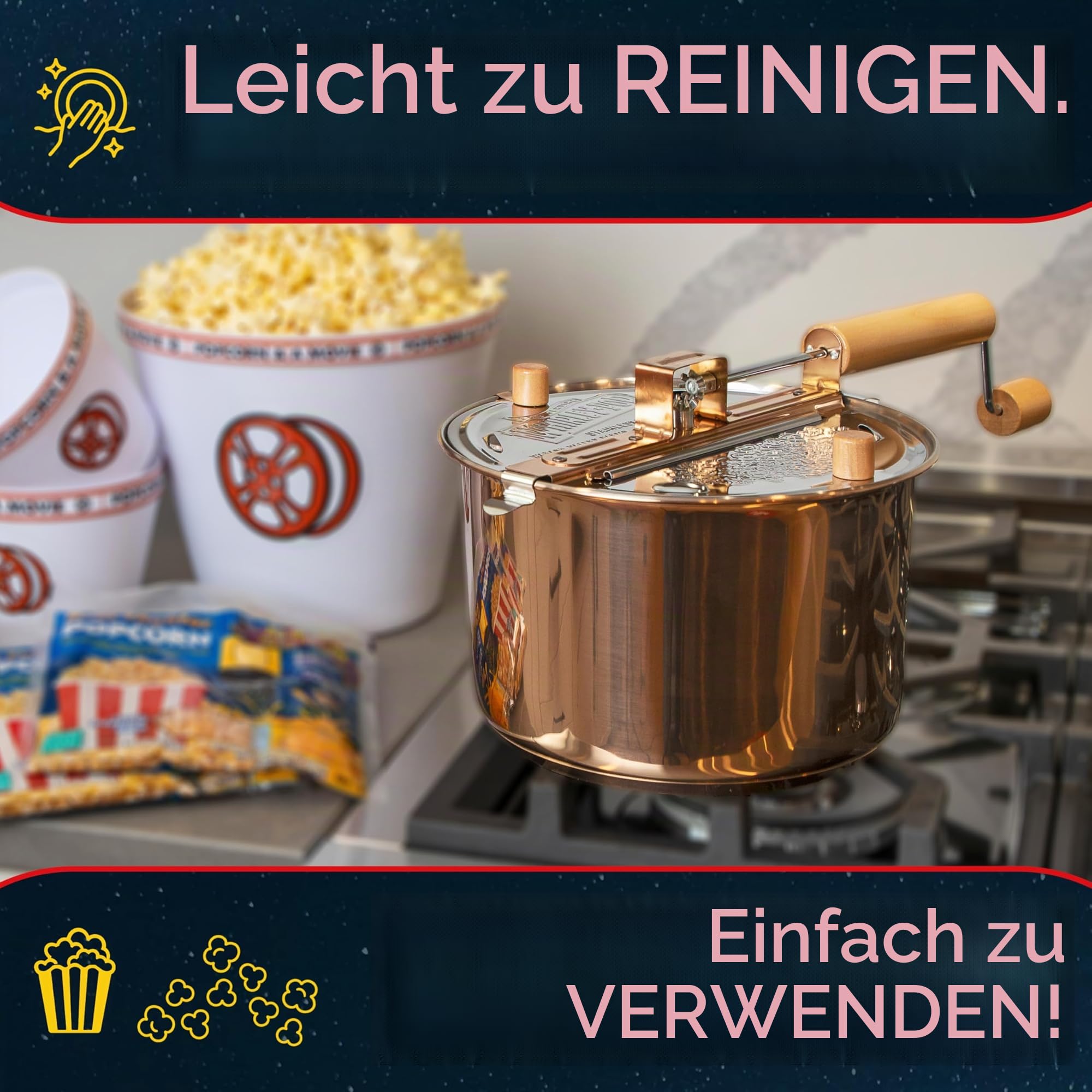 Original Whirley Popcorn-Maker – Wabash Valley Farms Popcorn-Popper, 6 Quart Popcorn-Popper, Edelstahl mit Metallzahnrädern, Familienfilmabend (Kupfer)