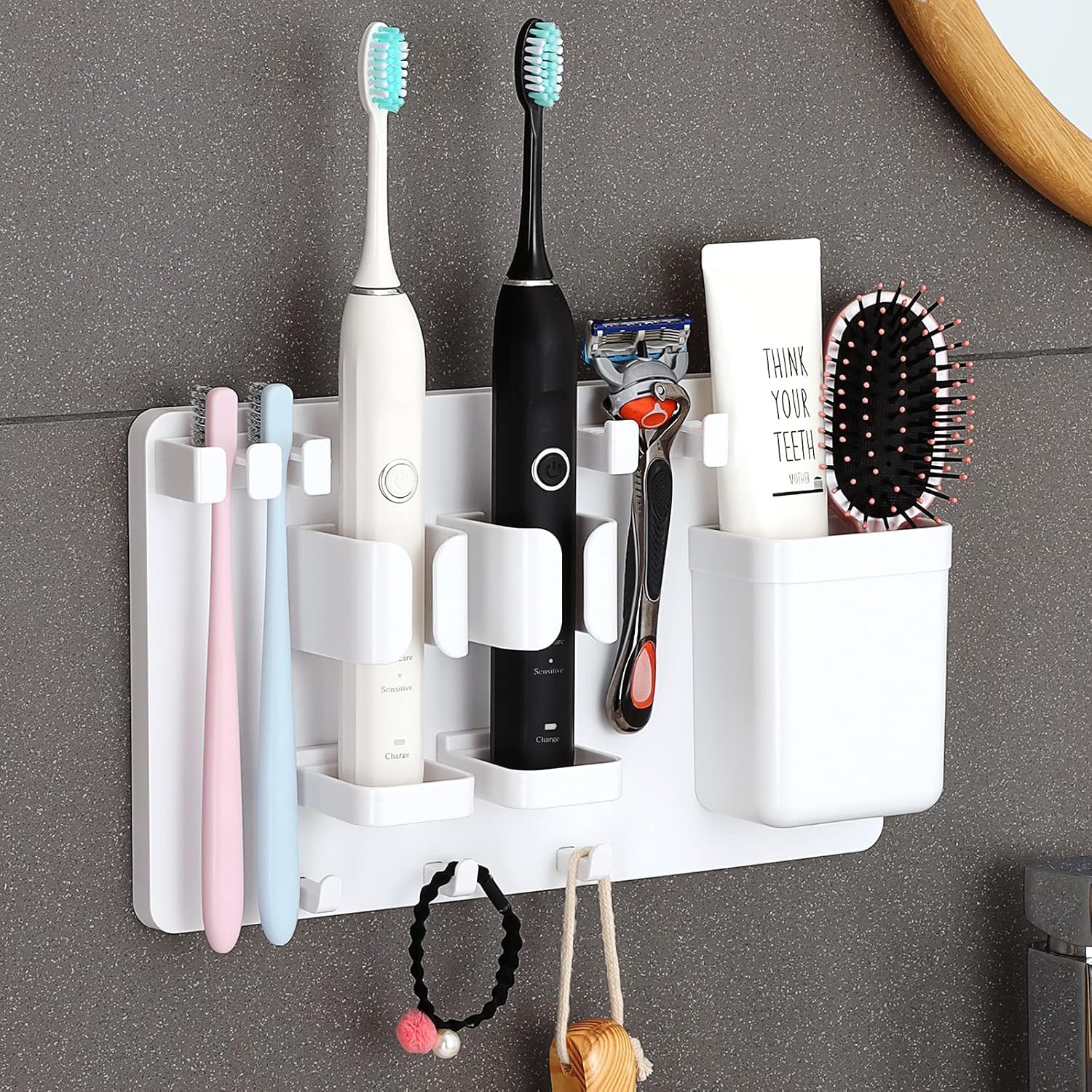 Amazon Brand - Solimo Multi-Functional Wall Mounted Toothbrush Holder, Toothpaste Holder, Adhesive Electric Toothbrush Organizer with Razor Slot, Storage Cup & Hanging Hooks - White-image-10