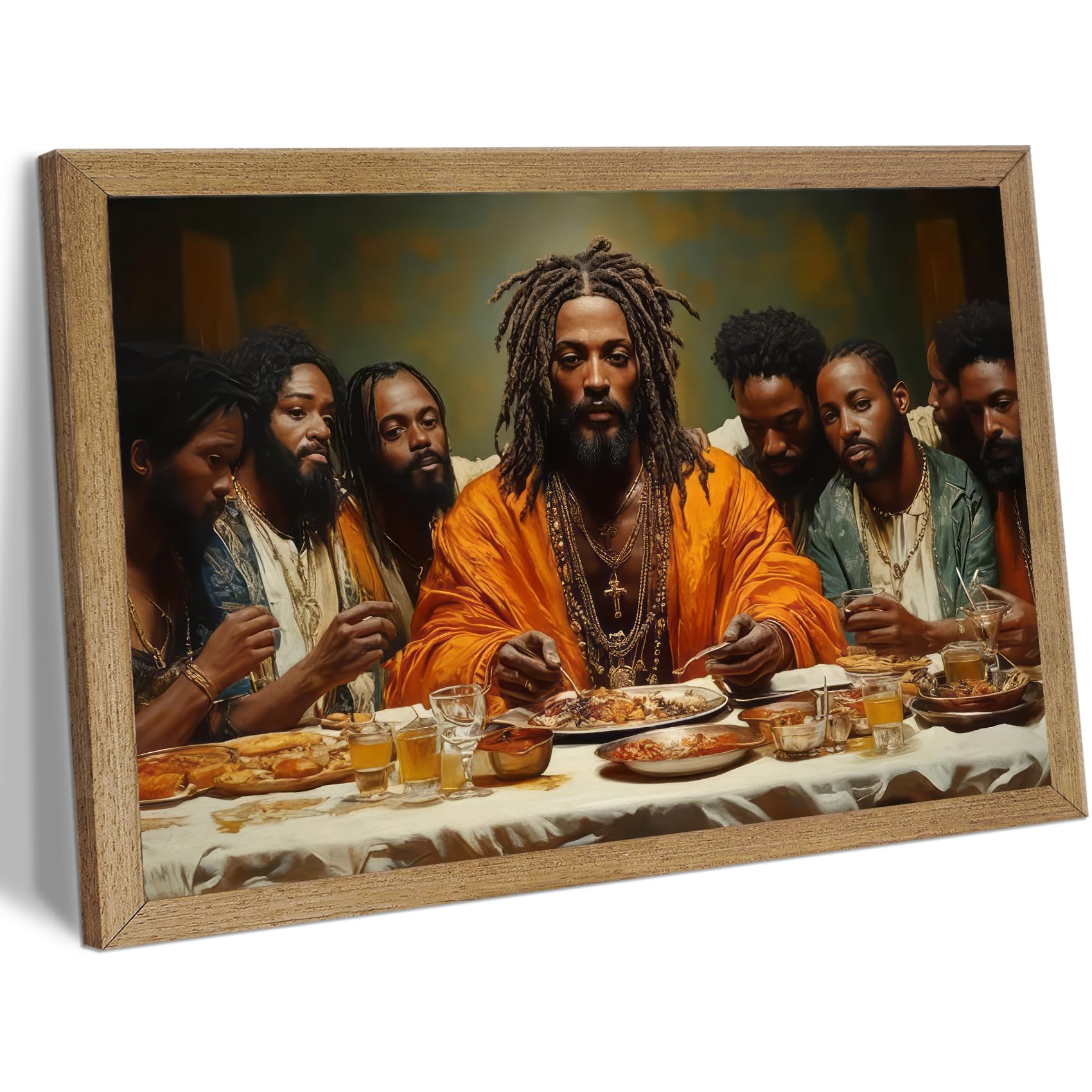 Framed Modern Black Jesus Canvas Wall Art African American The Last Supper Painting Picture Wall Decor Black Man Christian Poster Print Artwork for Kitchen Dining Living Room Bedroom Home Decor24x36in