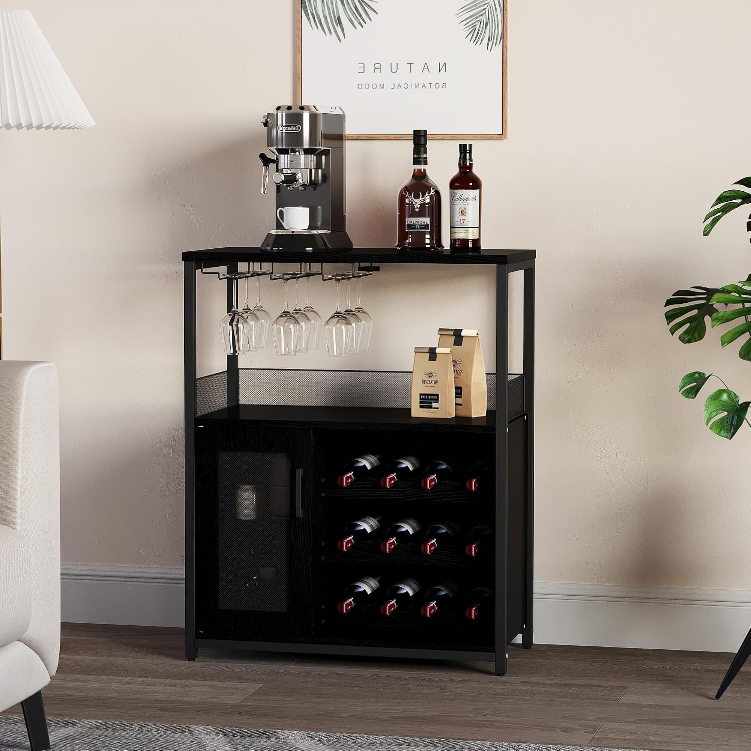 GarveeLife Wine Cabinet, Industrial Kitchen Cabinet, Bar Cabinet with Adjustable Wine Rack and Glass Holder, Wine Rack with Removable Wine Cabinet, Sideboard, Buffet Cabinet, Freestanding, 69 x 35 x