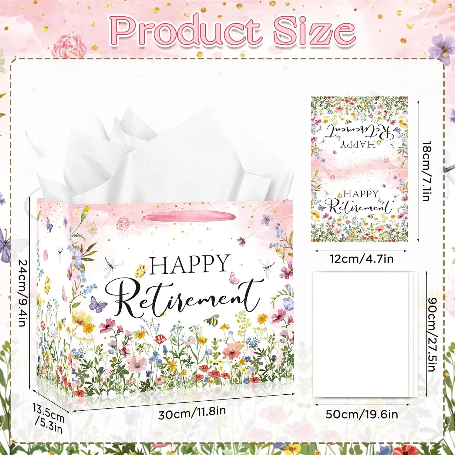 Wildflower Retirement Gift Bag for Women, Retired Gift Bag with Tissue Paper and Card Happy Retirement Gift Wrapping Paper Retired Gifts for Women Farewell Going Away Party Favor Bags Supplies image 2