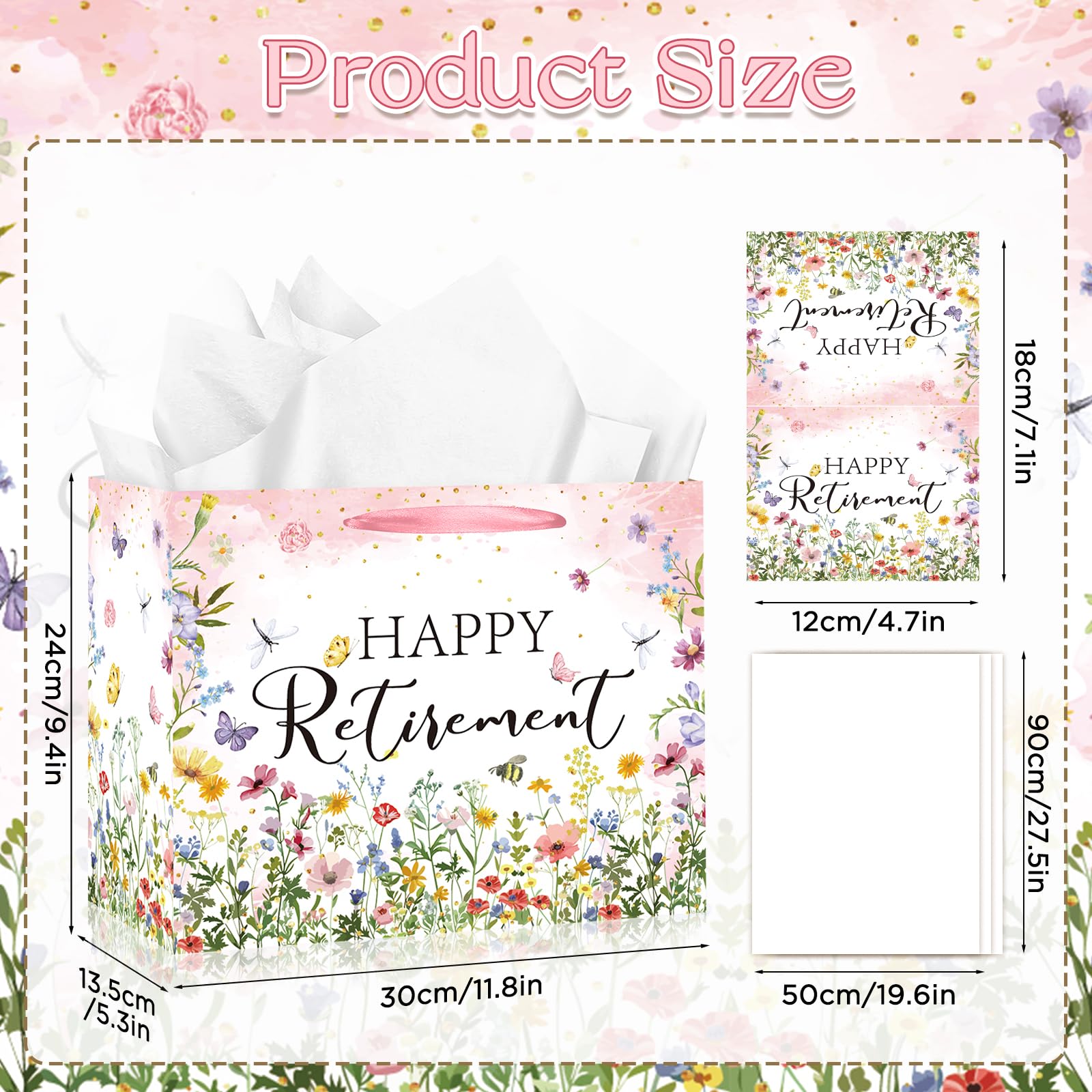 Wildflower Retirement Gift Bag for Women, Retired Gift Bag with Tissue Paper and Card Happy Retirement Gift Wrapping Paper Retired Gifts for Women Farewell Going Away Party Favor Bags Supplies