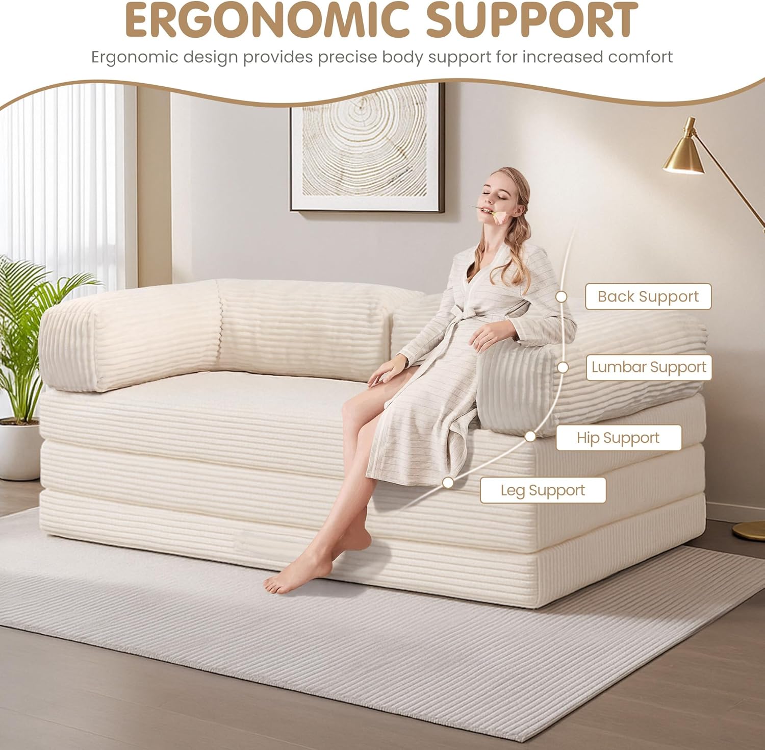 5-in-1 Convertible Sofa Bed Queen,Tri-Fold Mattress with Removable L-Shaped Armrests,Corduroy Boneless Couch Floor Sofa Futon Couch Sleeper with Pull Out Bed for Living Room Bedroom Apartment