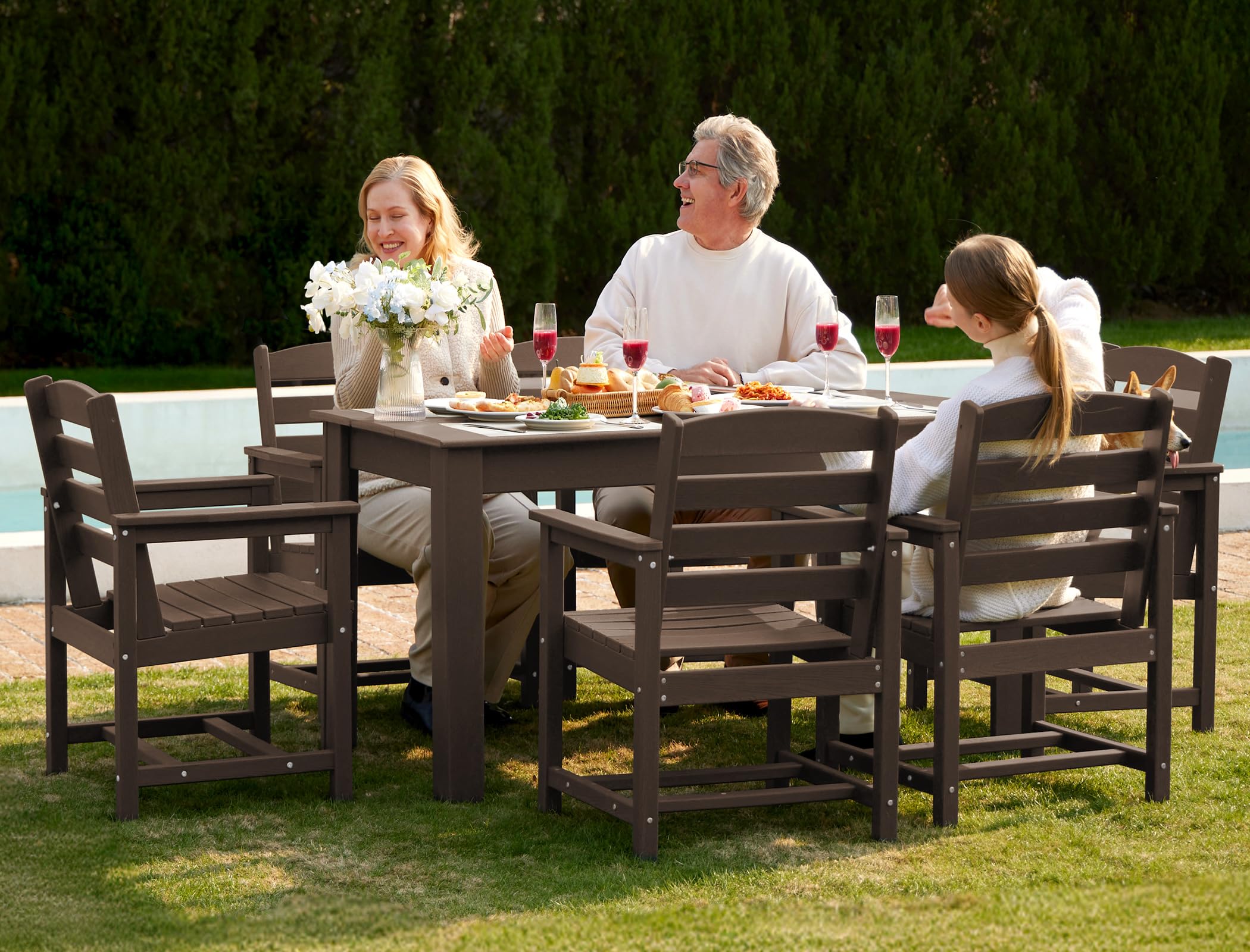 SERWALL 59" HDPE Patio Dining Set for 6, w/ 1 Table &amp; 6 Armchairs, Coffee
