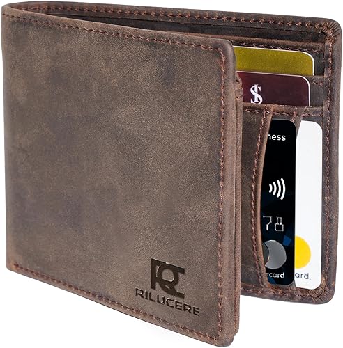 Cartera hecha a mano de cuero genuino de grano completo para hombre, cuero de caballo loco de primera calidad, carteras para hombre, bloqueo RFID,