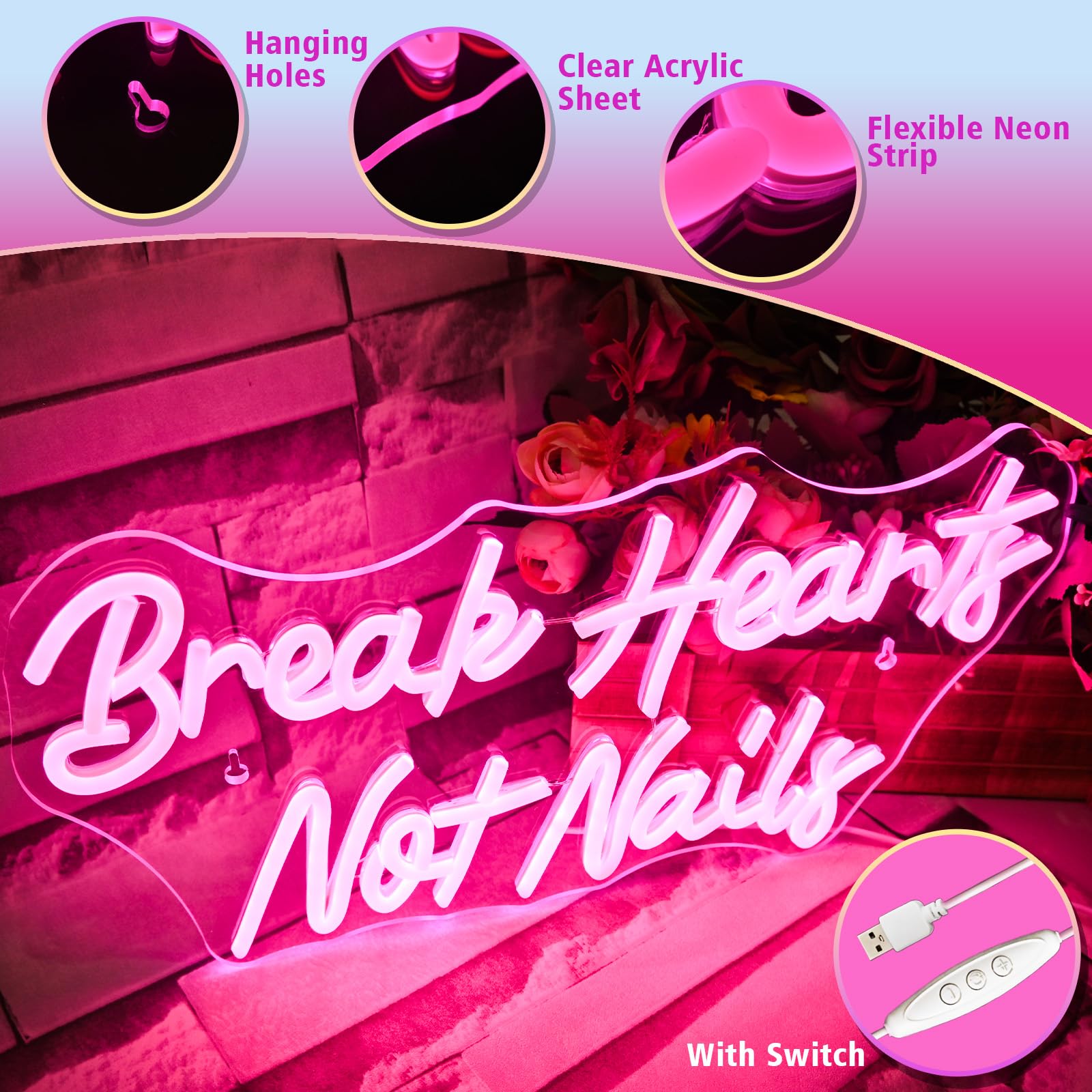 Neonowy znak "Break Heart Not Nails" do dekoracji ścian, neonowy jasnoróżowy neon LED do sypialni, paznokci, salonu, salonu piękności, sklepu, dekoracja, prezent