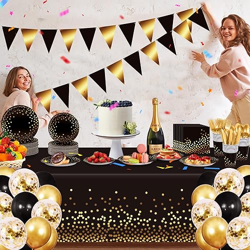 Miniatura 7 de Juego de vajilla desechable de lunares de papel de aluminio dorado rosa para 24 invitados, manteles de globos de papel de aluminio, pancartas con