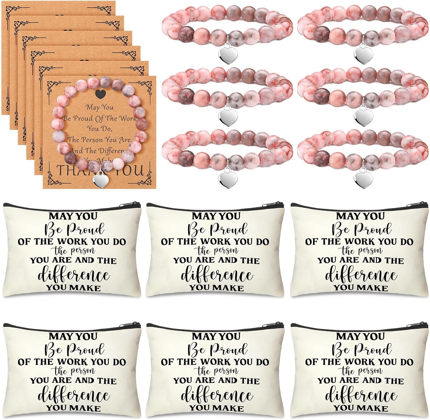Tondiamo 6 Sets/18 Pcs Teacher Appreciation Gifts for Women Graduation Gift for Teachers Include 6 Natural Stone Bracelets 6 Cards 6 Canvas Makeup Bags Thank You Gifts from Student