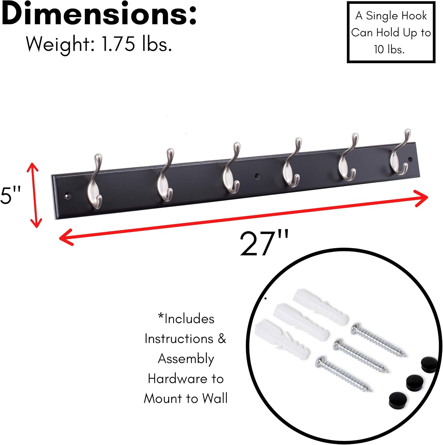 BIRDROCK HOME Hook Coat and Hat Rack - 2 Pack - 6 Hooks - 27 Inches - Wall Mount - Decorative Home Storage - Entryway Foyer Hallway Bathroom Bedroom Rail - Satin Nickel Hooks - Black Pine Bathroom