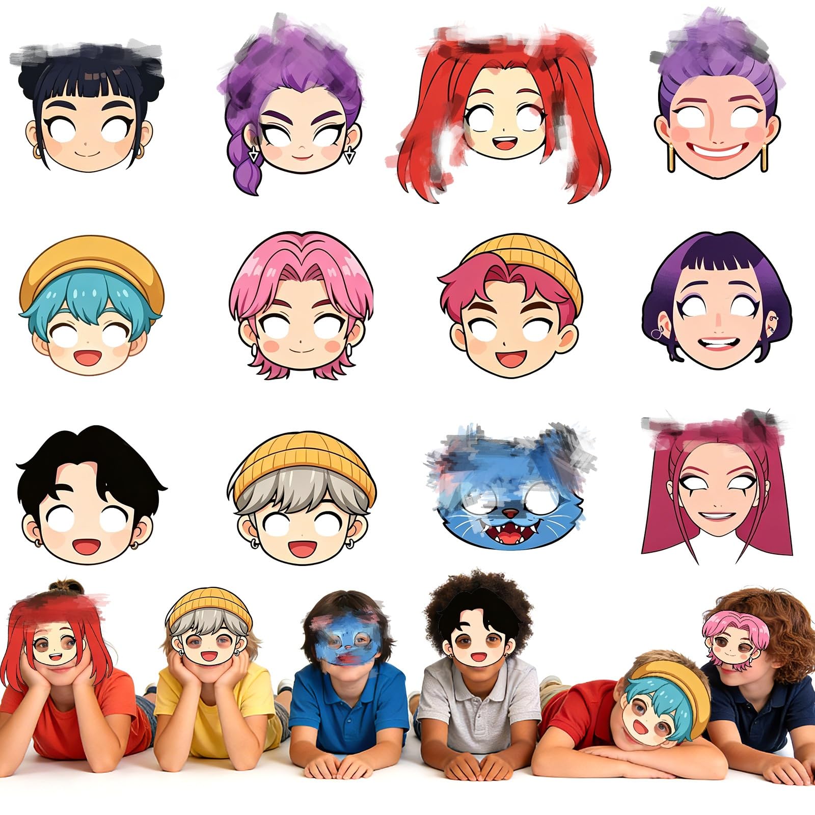 yumcute 12 Pack Kids Party Masks Paper Role Play Costume Masks with Elastic Bands for Birthday, Halloween, Carnival & Dress Up Parties Boys Girls Party Supplies (12 Assorted Designs)