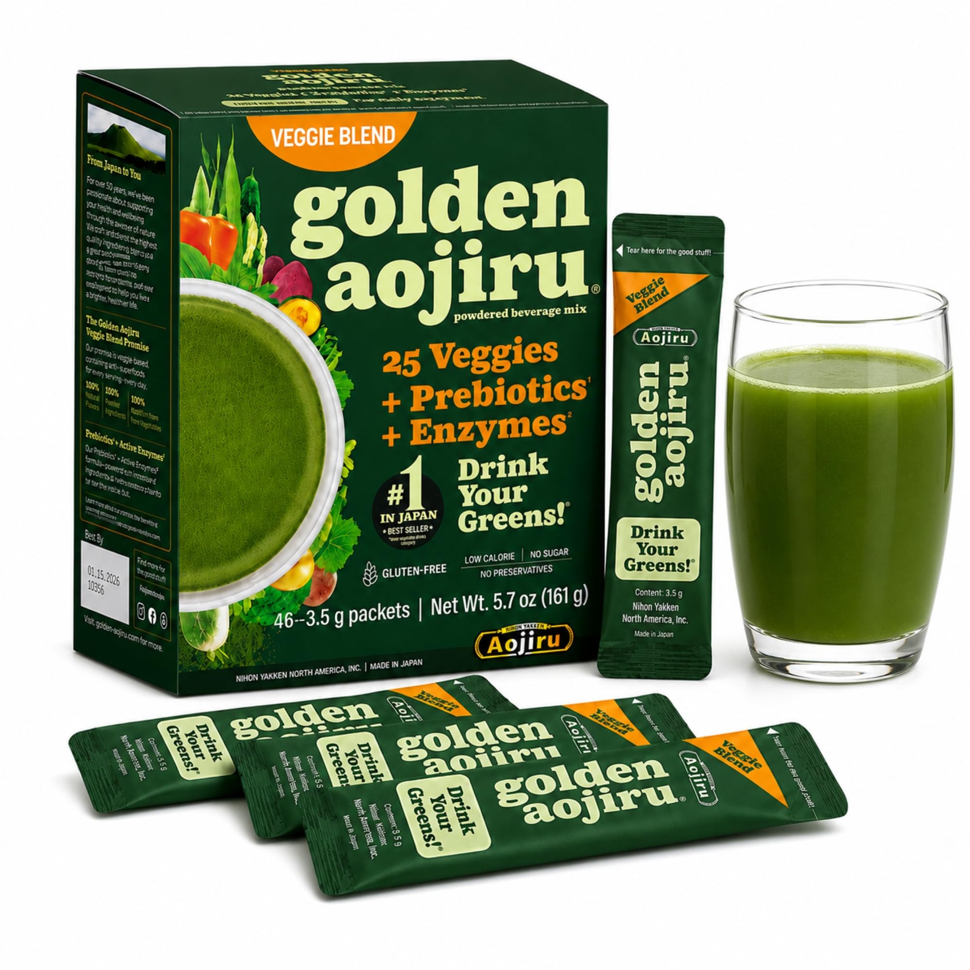 Golden Aojiru Veggie Blend - Greens Powder with 25 Superfood Vegetables, Gluten-Free, Low Calorie, No Sugar, 46 Packets - Made in Japan
