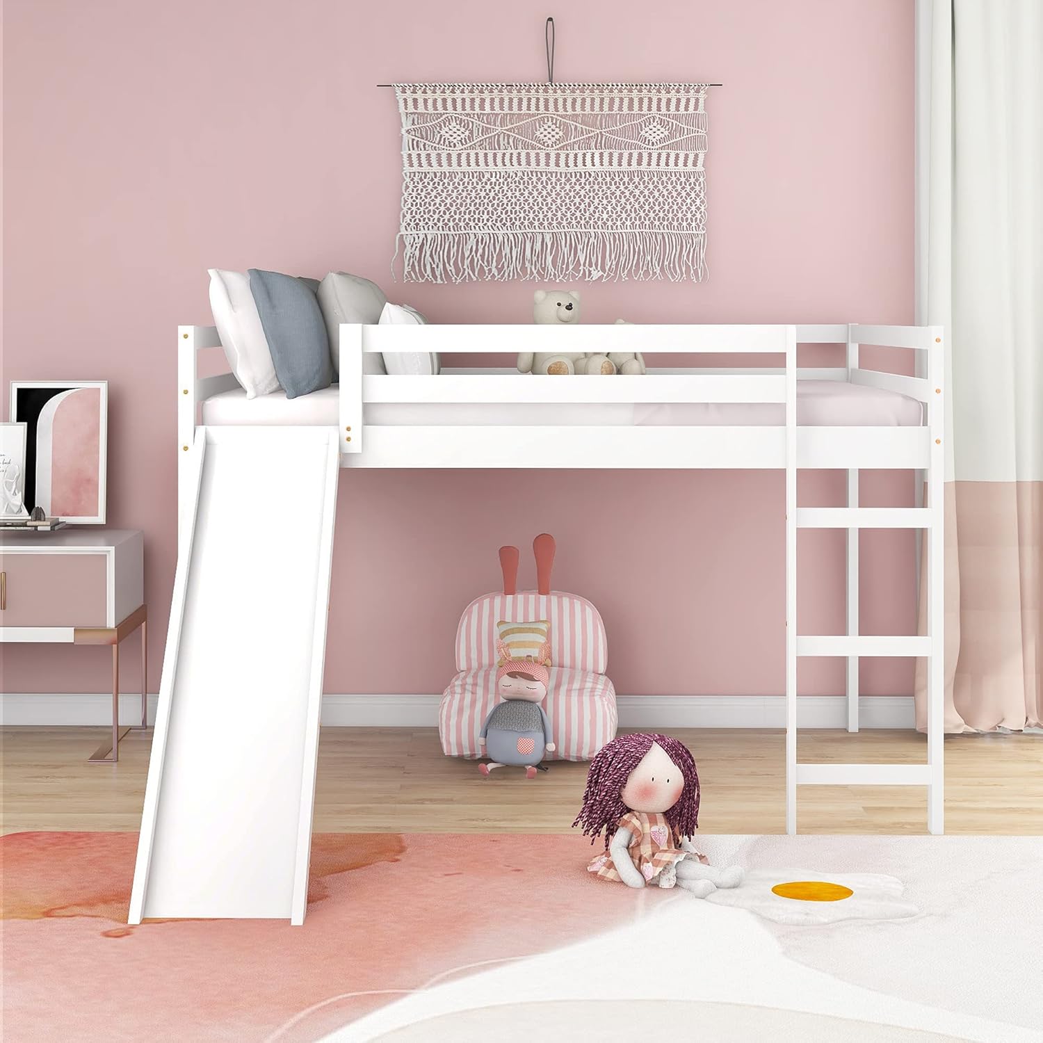 Danxee Full Loft Bed with Slide, Multifunctional Design, Wood Loft Bed No Box Spring Needed (White)