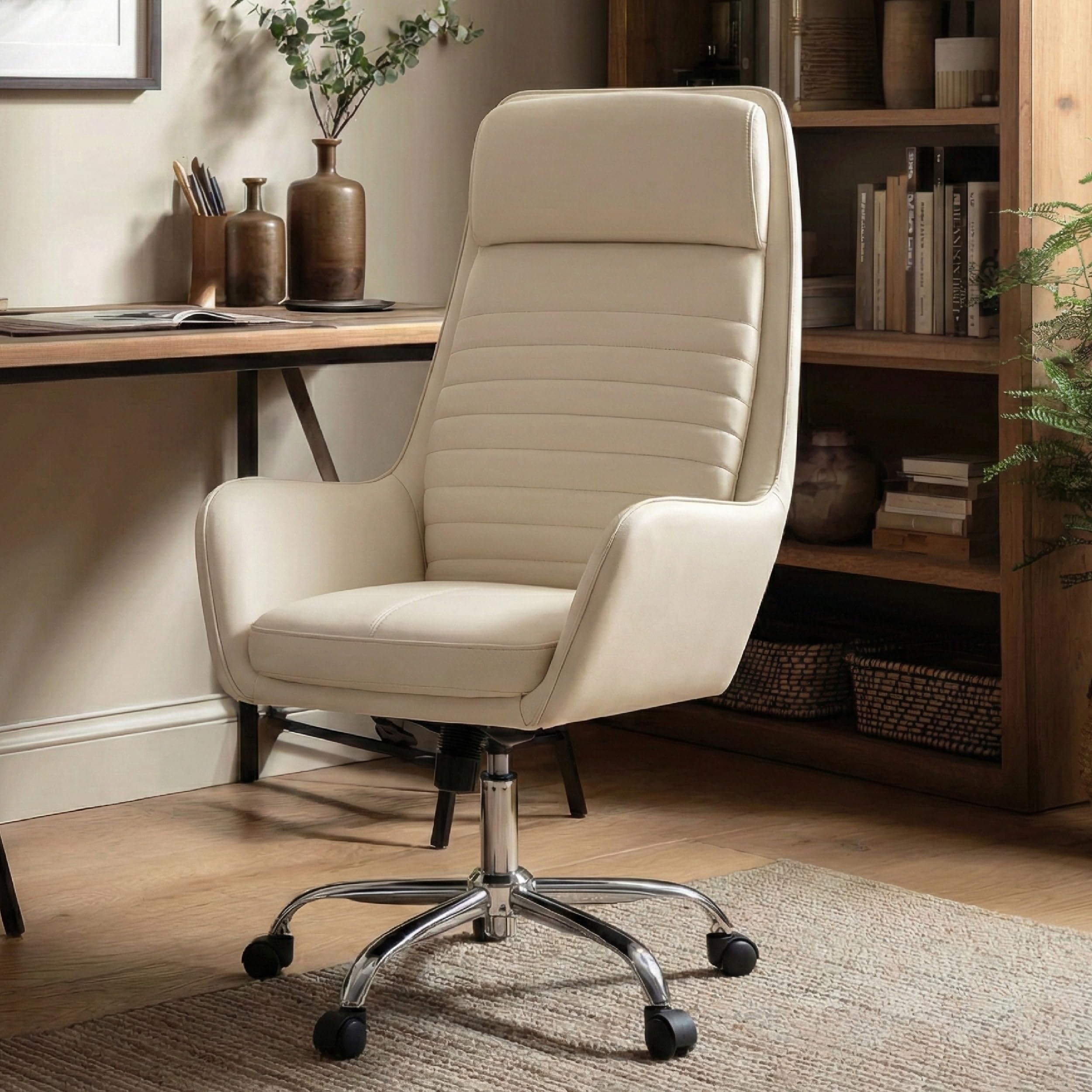 COLAMY Ellis High-Back Home Office Desk Chair, Leather Executive Chair with Integrated Armrests, Beige