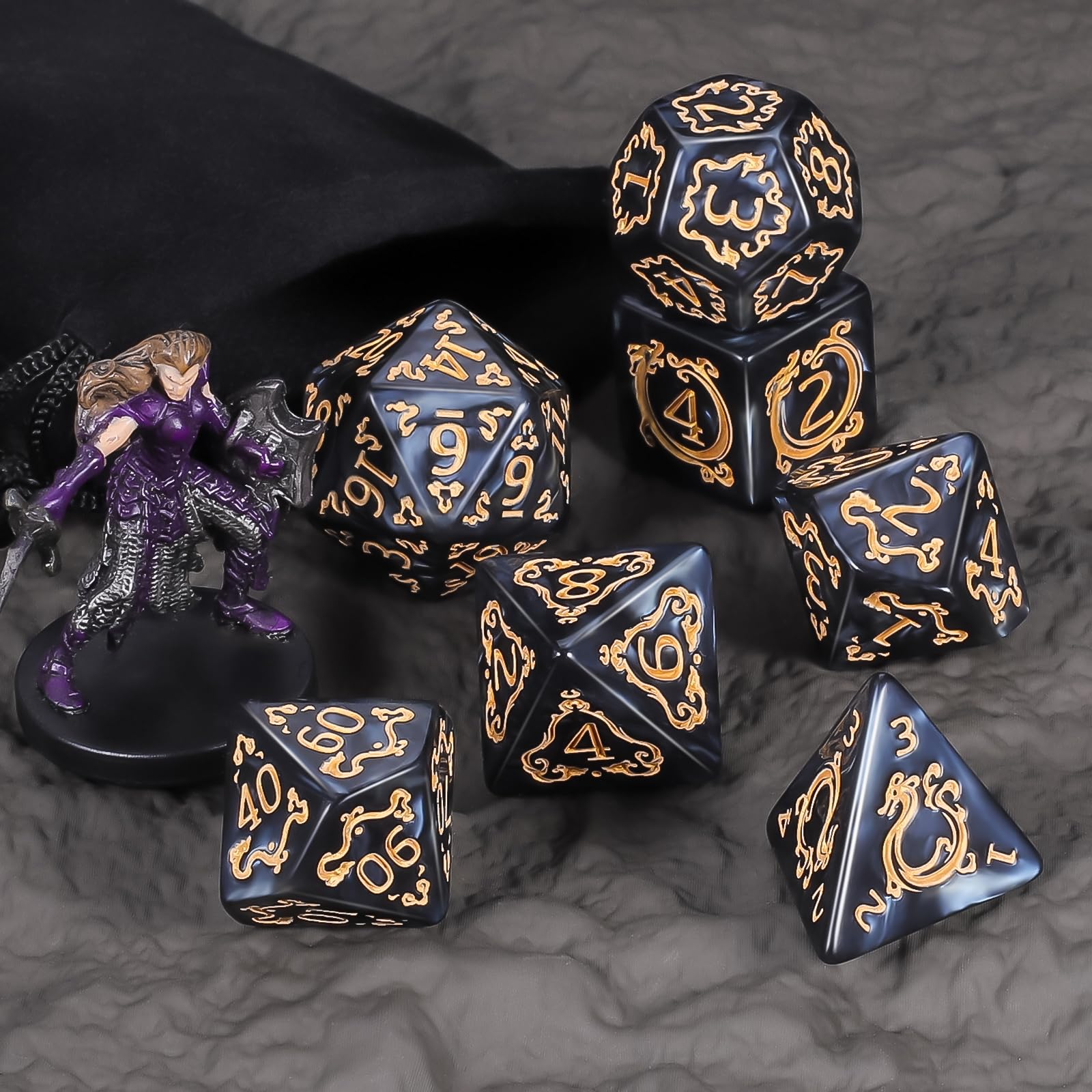 QMAY Set di Dadi Poliedrici per Dungeon and Dragons MTG RPG D&D - 7 Pezzi con D20, D12, D10, D%, D8, D6, D4 (Motivo Drago Nero) - 5