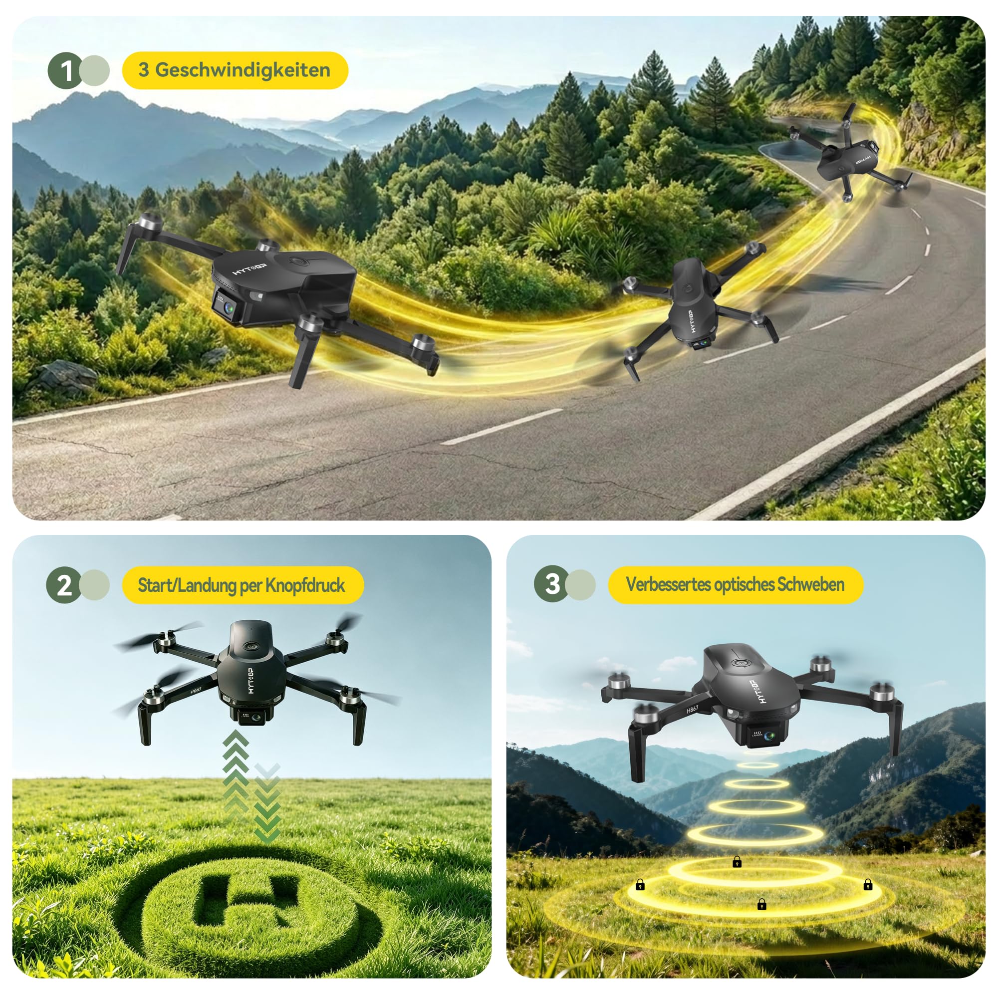 H867 Drohne mit Kamera 4K für Erwachsene und Anfänger, Bürstenloser Motor, 36 Minuten Flugzeit (2 Akkus), 360° Flip, Optische Flusspositionierung, Faltbarer Quadrocopter(Schwarz)(Mittel)