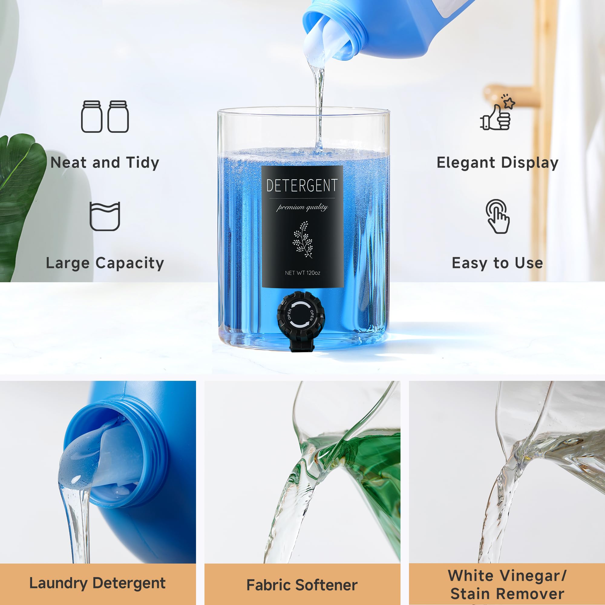 1 dispenser di detersivo per bucato in vetro con coperchio in bambù nero – 3,40 g di detersivo liquido, sapone per bucato e ammorbidente dispenser per l'organizzazione e la conservazione della