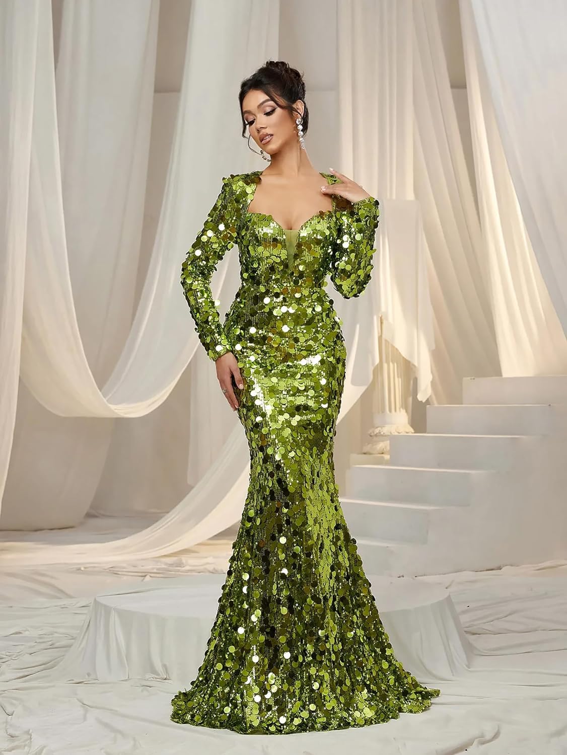 Sequin Mermaid Evening Dresses Long Sleeves Maxi Formal Prom Party Gowns Floor Length Cocktail
