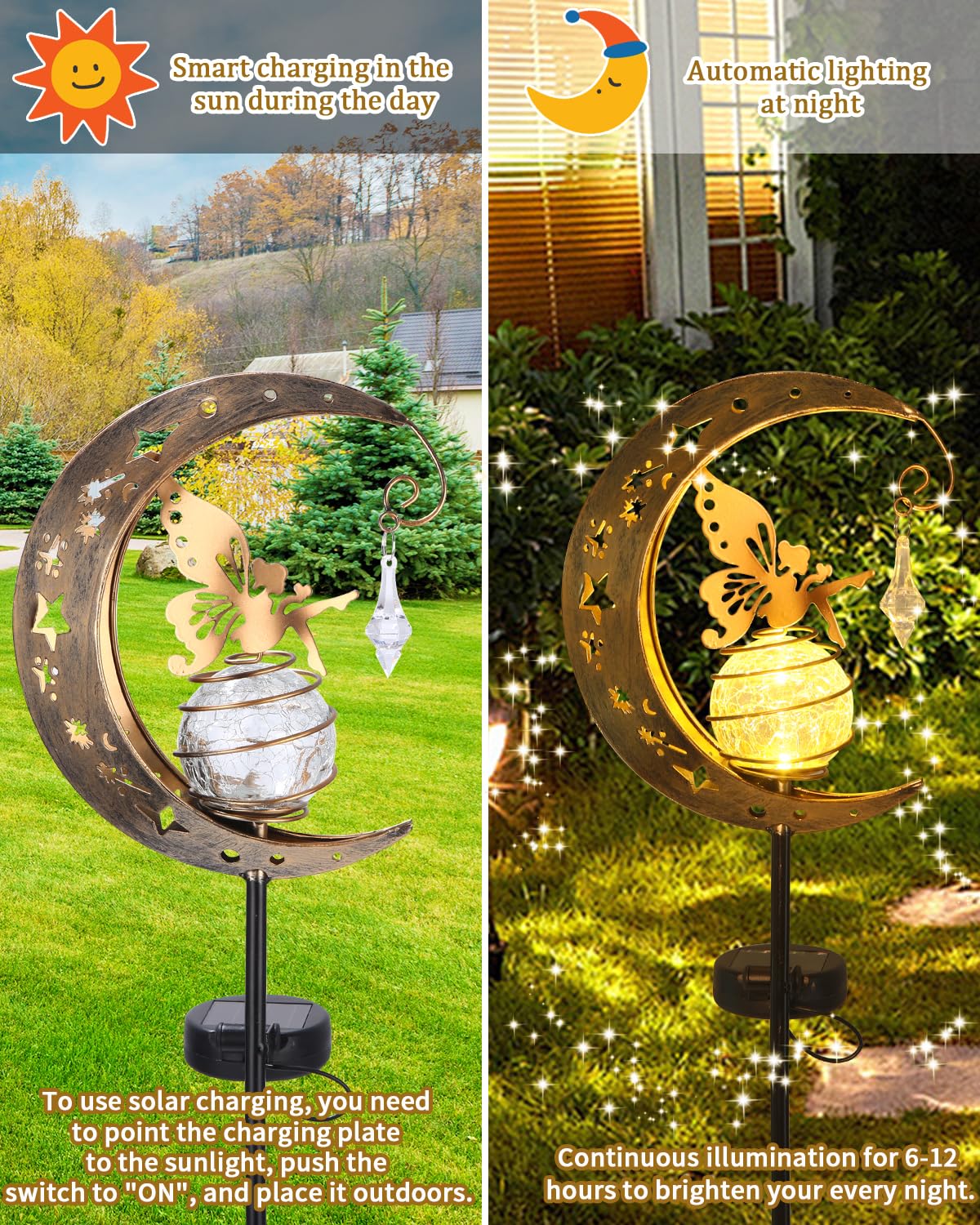 Moon Solar Lights Dekoracja tarasu ogrodowego,Elf/Flower Fairy Wodoodporna lampa słoneczna,Metalowe figurki ogrodu Dekoracja ogrodu,Zewnętrzna lampa słoneczna na zewnątrz,Na taras Balkon Pile Path