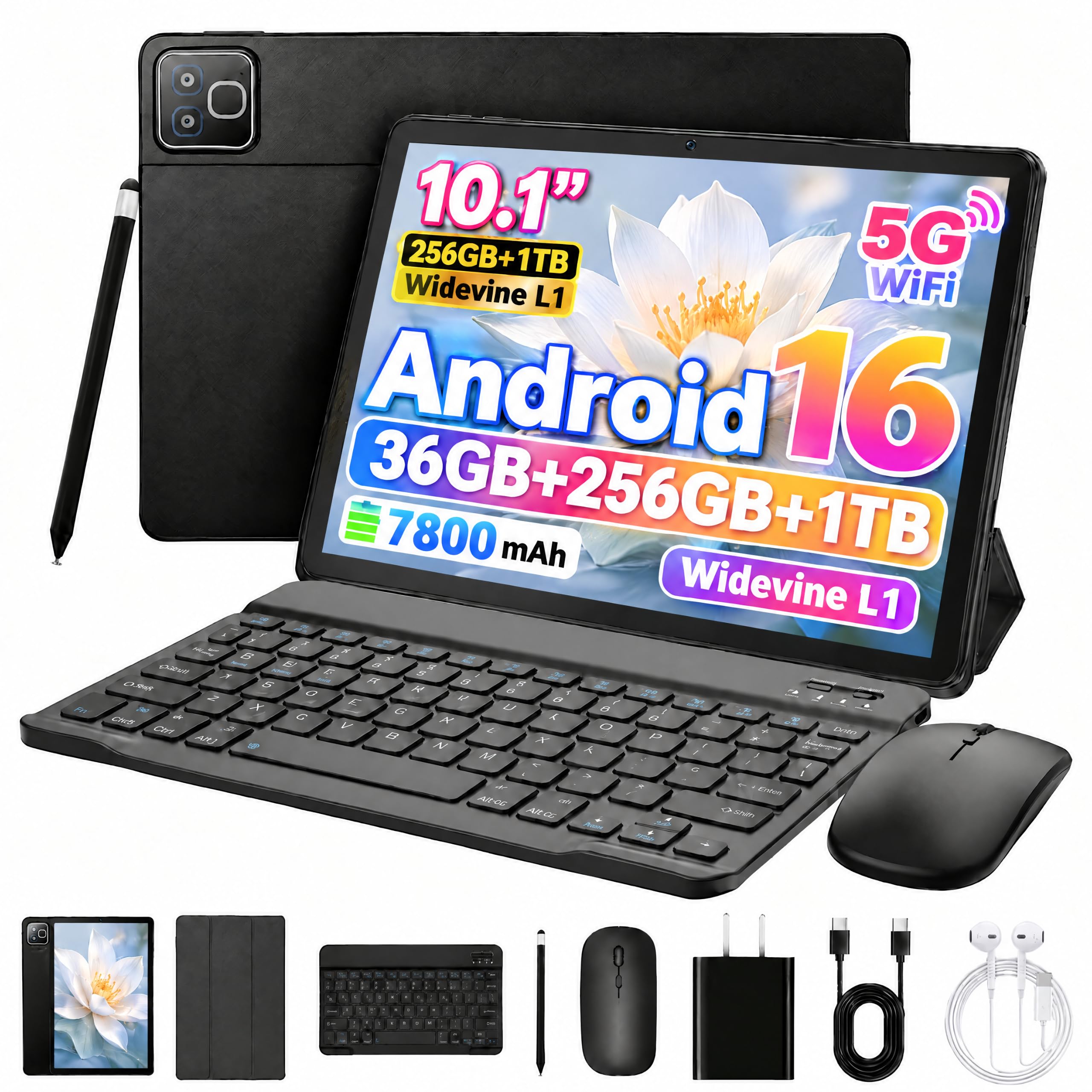Tablet Android 10.1 Pollici, Android 16 Octa-Core, 36GB RAM+256GB ROM (1TB Espandibile), Schermo IPS 1280*800, Batteria 6000mAh, Fotocamere Doppie, Kit Completo Tablet Android per Studio e Lavoro