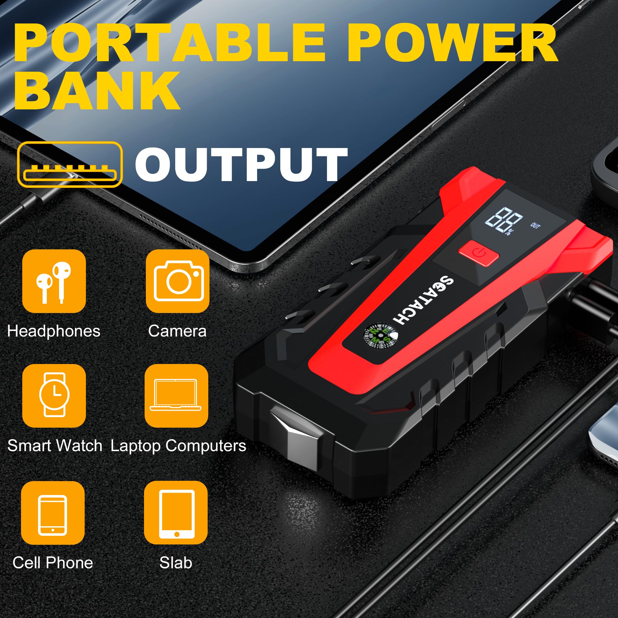 Démarreur De Batterie Portable 12V – 4500A, 12800mAh, Pour Voiture, Moto, Camping-car Et Plus