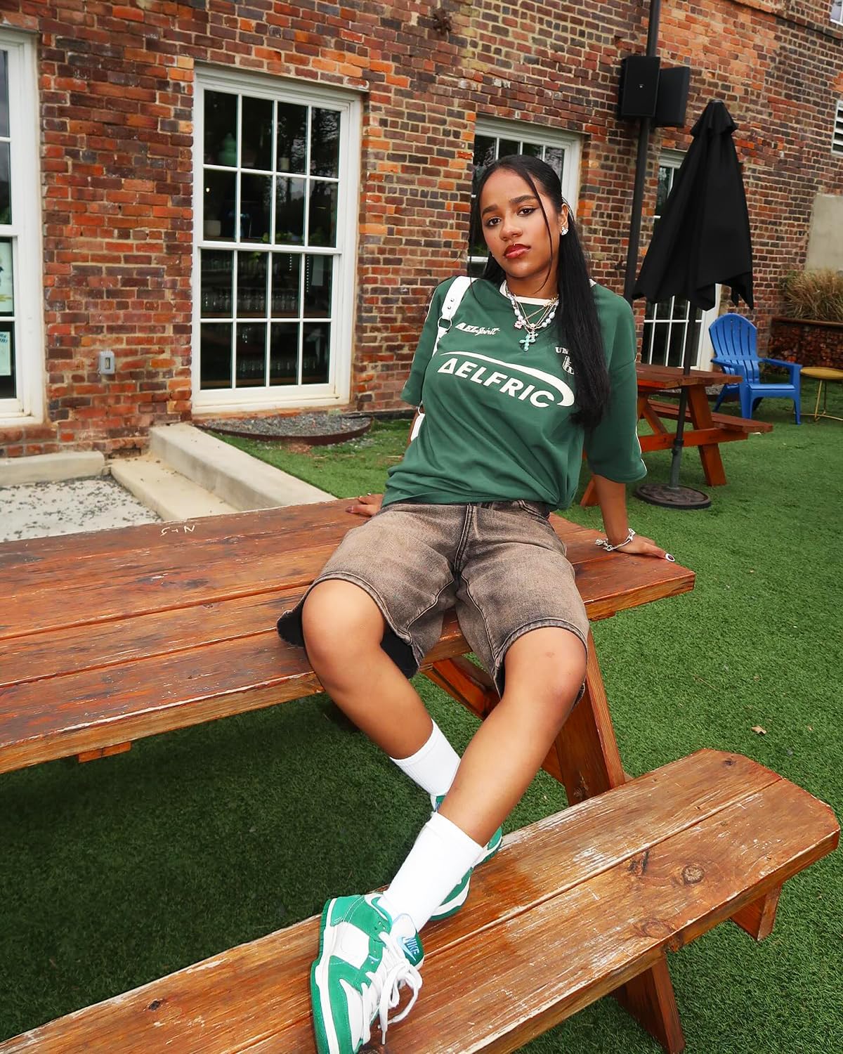 Aelfric Eden Graphic Tees Y2k Women Oversized T Shirts Striped Patchwork Crewneck Unisex Streetwear Tops - Image 2