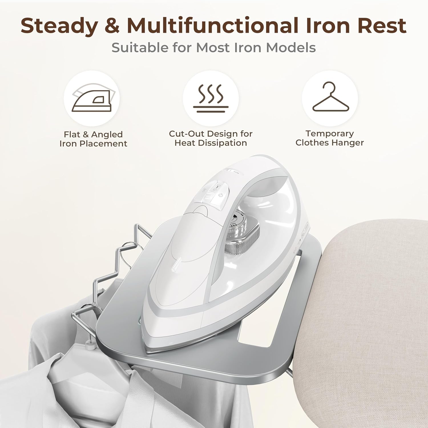 Close-up of the ironing board's iron rest with an iron placed on it, showing features like flat and angled placement, cut-out design for heat dissipation, and temporary clothes hanger
