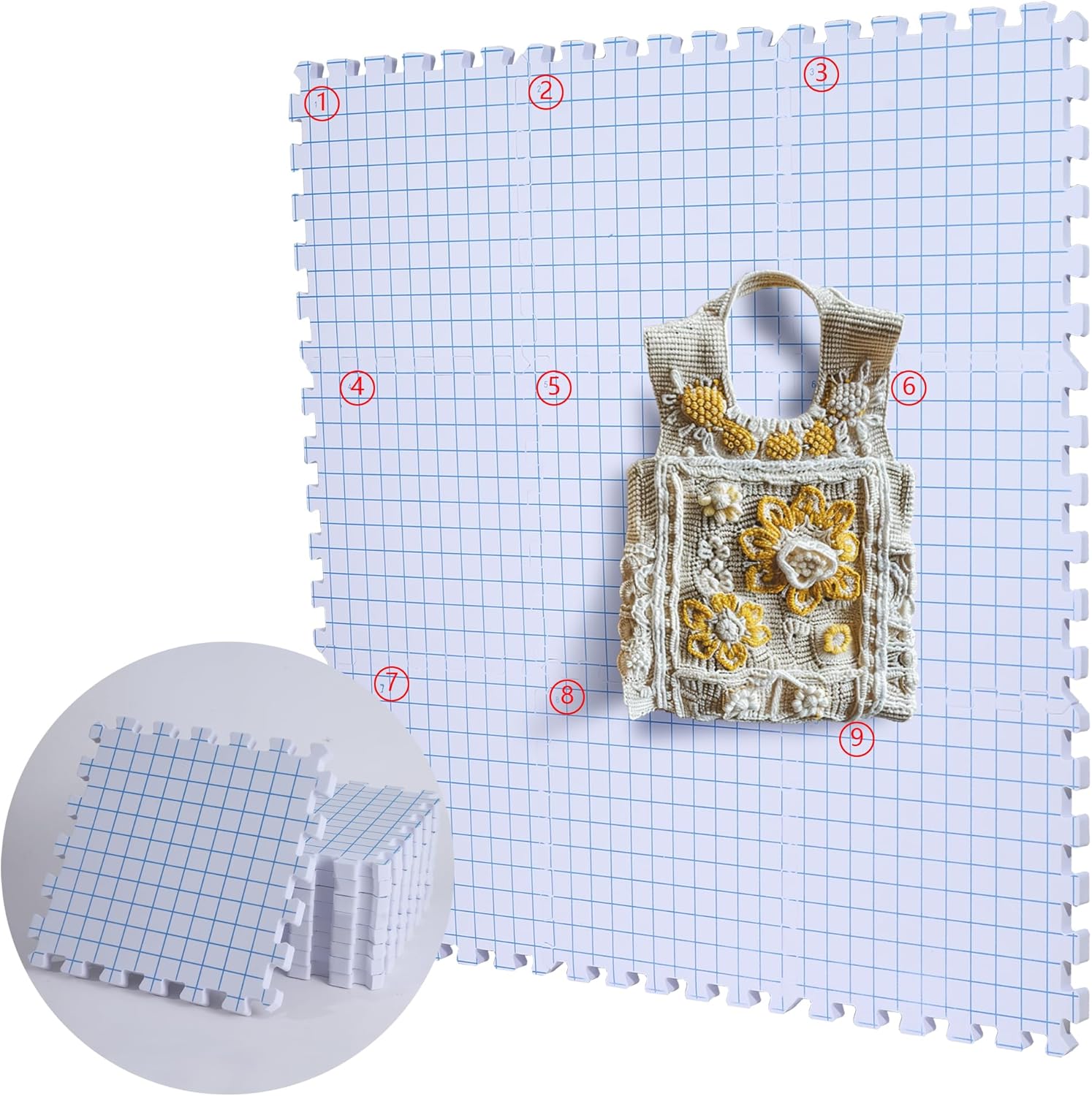 9 Pack Blocking Mats for Knitting & Crochet Project, Extra Thick Knitting Blocking Mat with Grid Lines，Knitting Mats with 100 T-Pins and Storage Bag