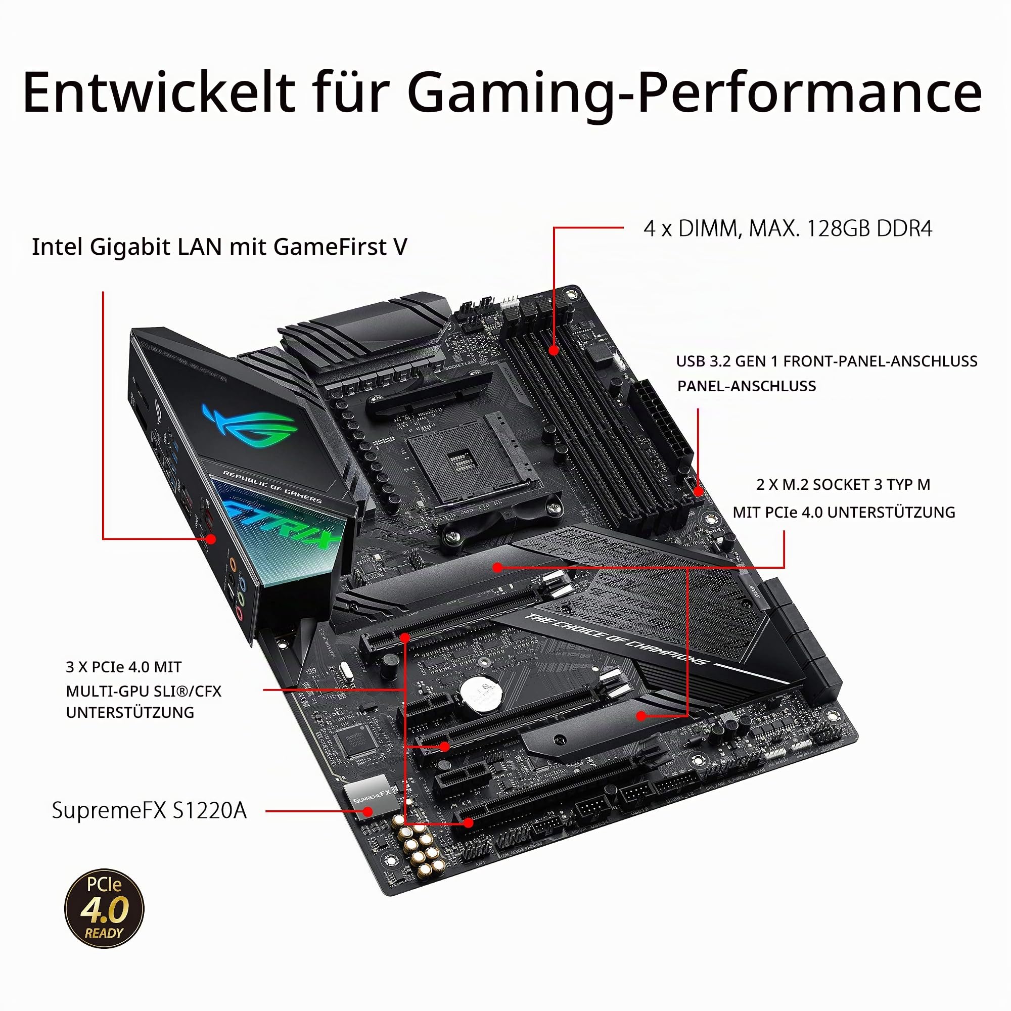 ASUS ROG Strix X570-F Gaming Mainboard Sockel AM4 (Ryzen 3000 kompatibel, ATX-, PCIe 4.0, DDR4, Intel Lan, USB 3.2, Aura Sync) Schwarz