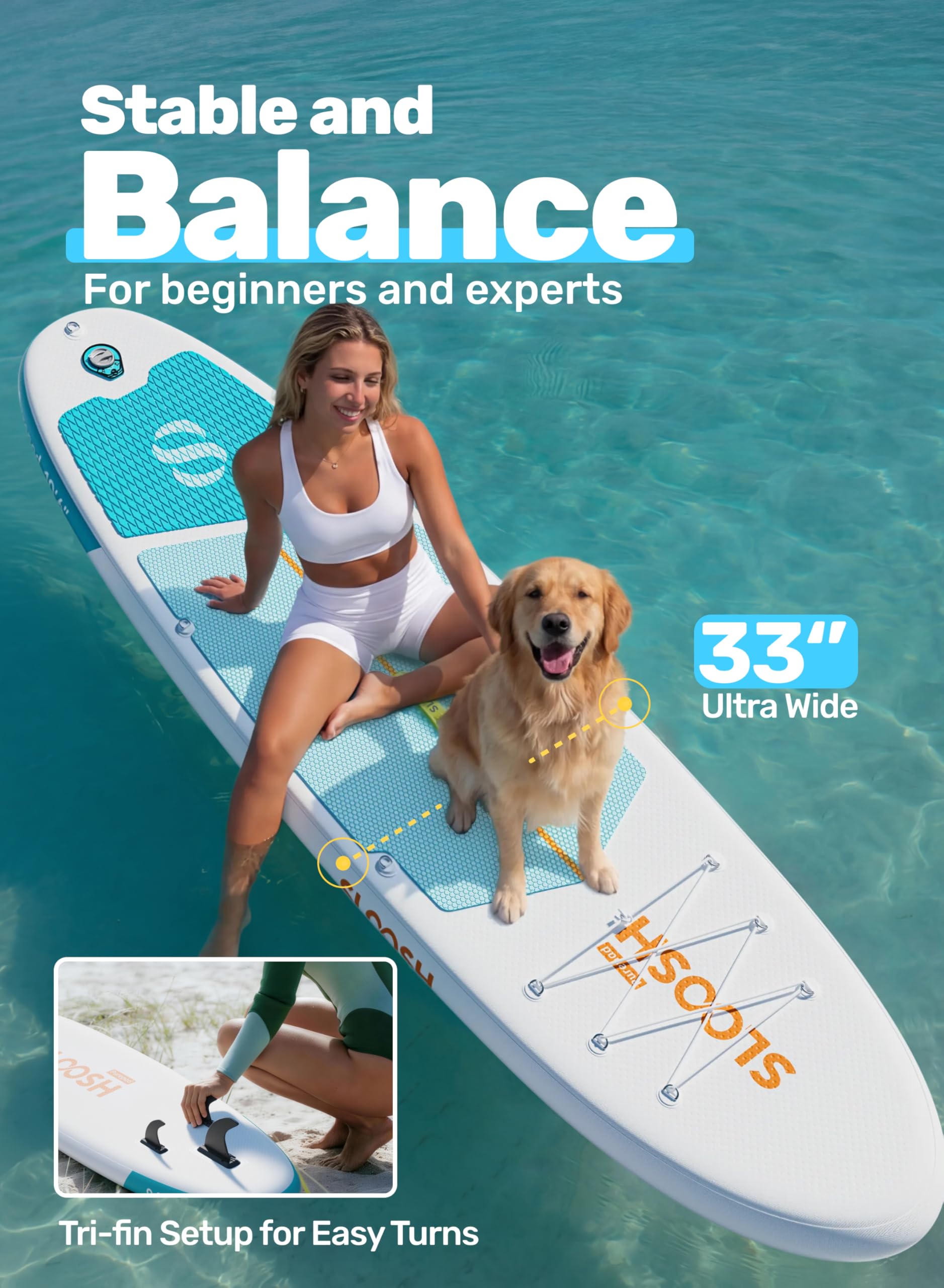 SLOOSH Nadmuchiwana deska do wiosłowania, nadmuchiwane deski do wiosłowania z akcesoriami premium, antypoślizgowa deska EVA, ultralekka pompka, nadmuchiwana deska SUP dla wszystkich poziomów
